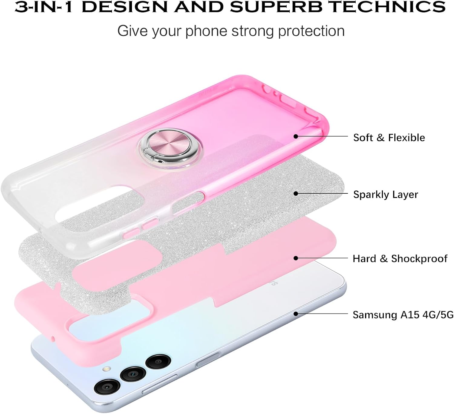 YINLAI for Samsung Galaxy A15 Case Bling Glitter Sparkle Samsung A15 Case for Girls Women with Ring Holder Kickstand Protective Phone Case for Samsung Galaxy A15 4G/5G 6.5", Pink Gradient 6 71qpF0A VZL. AC SL1500