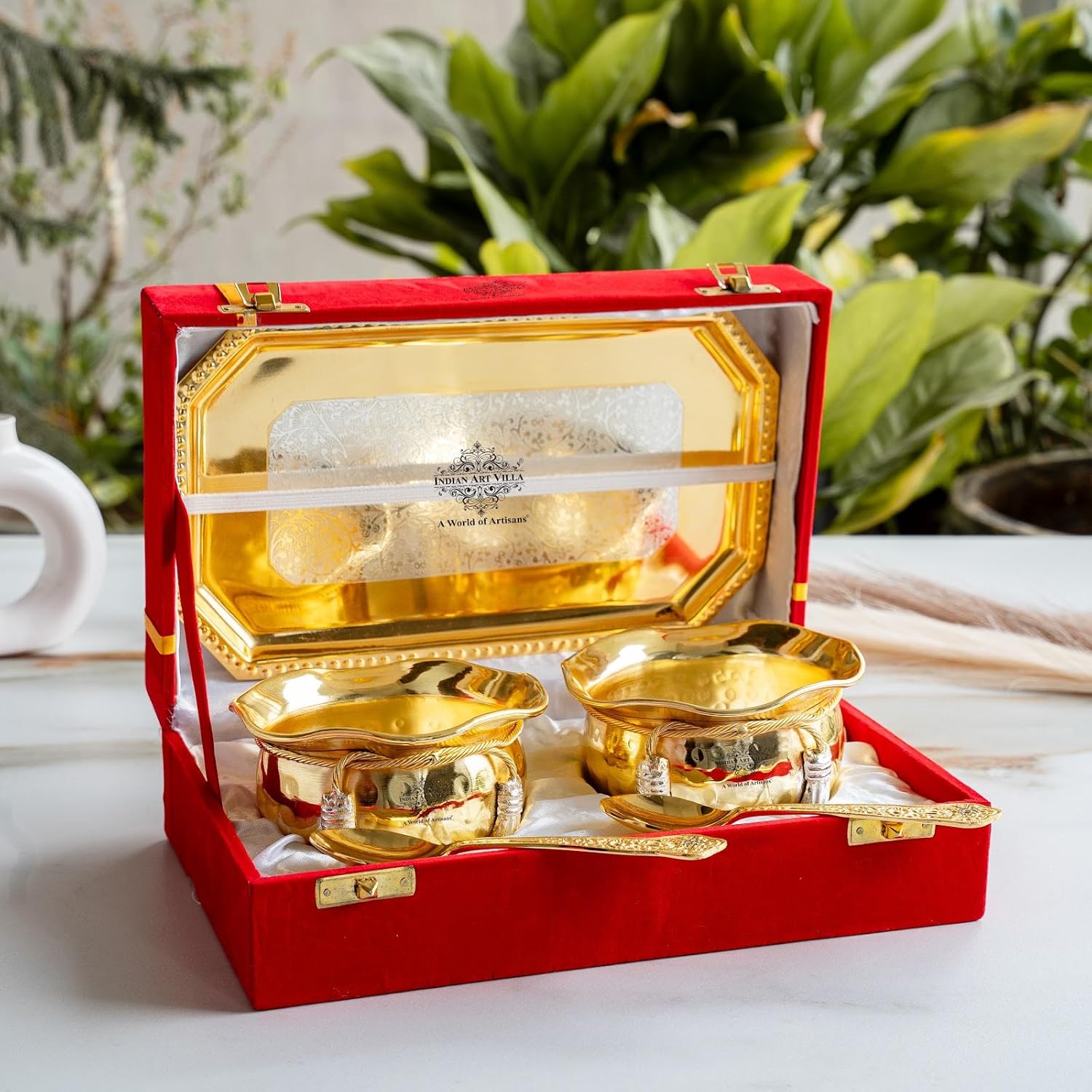 Indian Art Villa Silver Plated Gold Polish M Design Bowl with 2 Spoon & 1 Tray Platter for Serving Dishes Home Restaurant, Diwali Gift Item