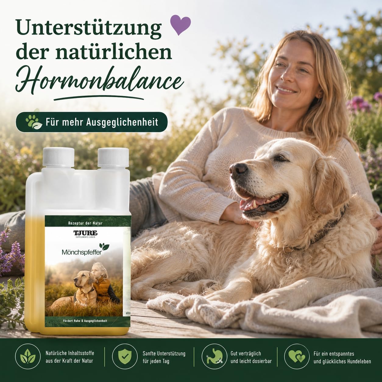 TJURE Mönchspfeffer Liquid für Hunde | 500 ml | Ergänzungsfuttermittel für Hunde mit Mönchspfeffer | Pflanzliche Rezeptur zur Unterstützung in besonderen Phasen | Made in Germany