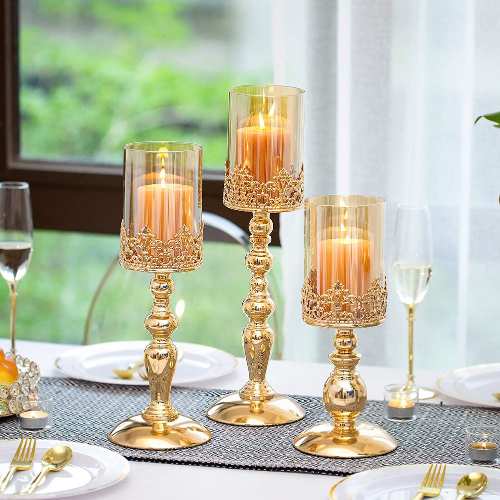 Nuptio Portacandele A Colonna con Vetro, Set di 3 Portacandele in Uragano Oro Regali per Decorazione della Casa, Portacandele A Lume di Candela Centrotavola Anniversario Matrimonio