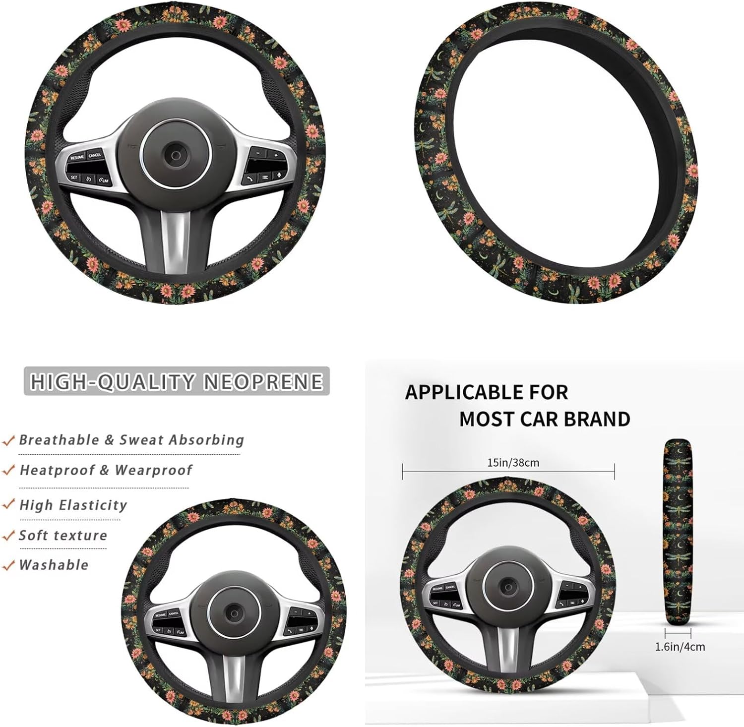 Dragonfly Print 6 Pcs car Steering Wheel Cover Handbrake Gear Cover Cup Coaster Armrest Cover Cars Interior Decor Protector Fit for SUV Truck Sedan