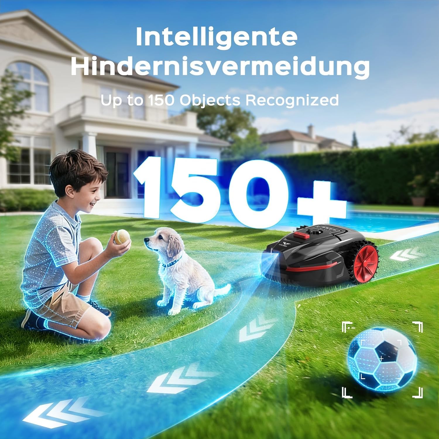 V3 Mähroboter ohne Begrenzungskabel, KI-Visionsnavigation, 150+ Hinderniserkennung, App-Steuerung, bürstenloser Motor, 50 dB, Magnetstreifen, für kleine Ebene Gärten