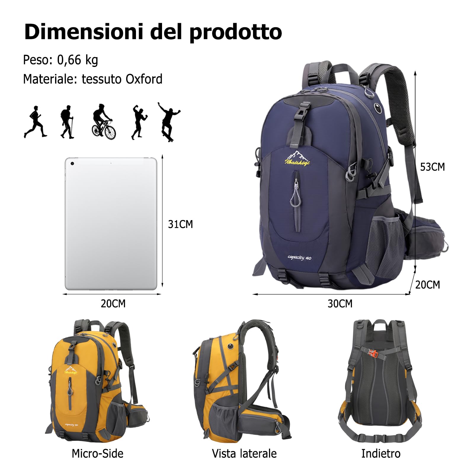 Zaino da Escursionismo 40L Zaino Giornaliero Traspirante con Sistema Ergonomico Anti Pressione Zaini Outdoor Impermeabile per Campeggio Viaggi Blu Scuro