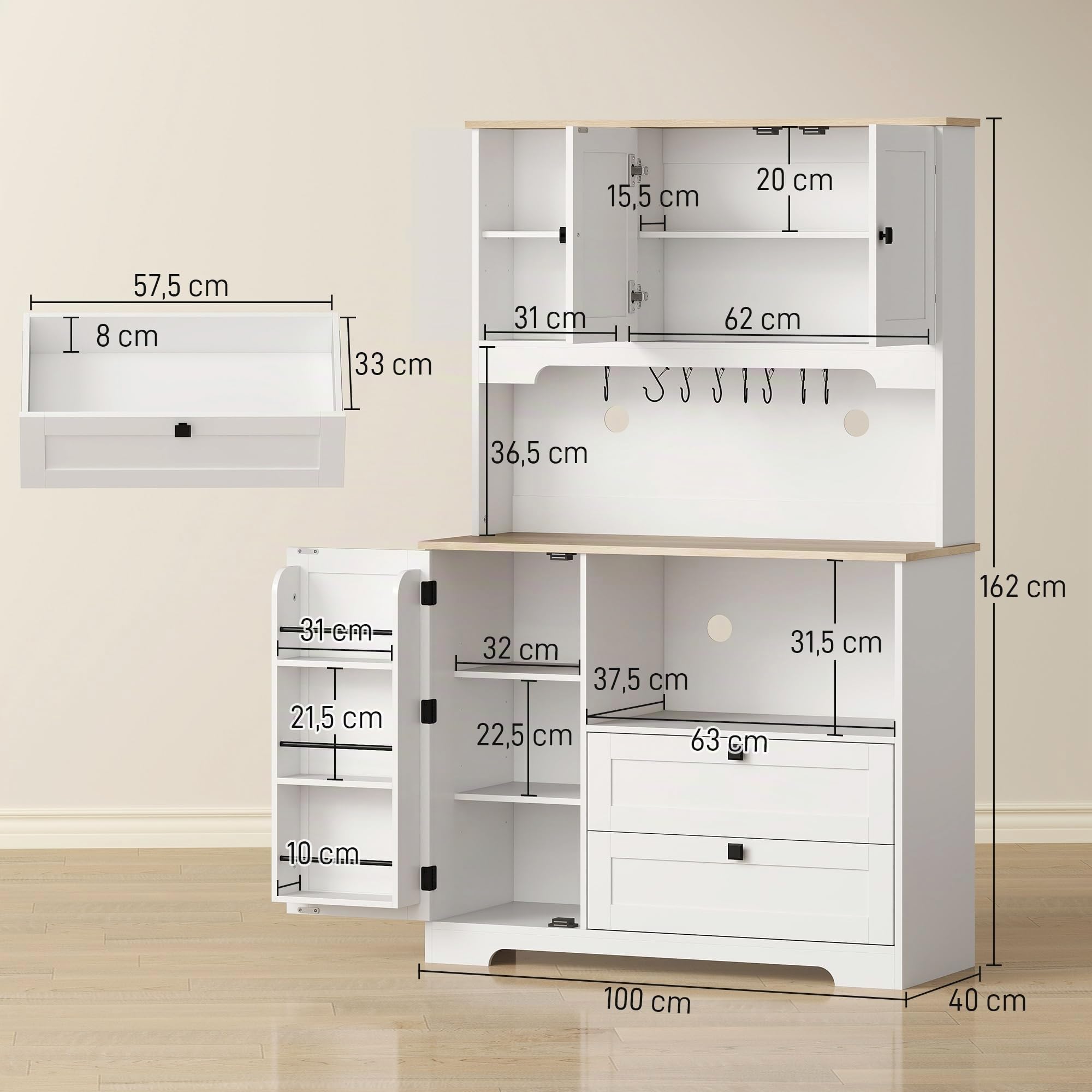 HOMCOM Buffet Haut Cuisine Vaisselier 3 Portes 2 Tiroirs 100x40x162cm Blanc