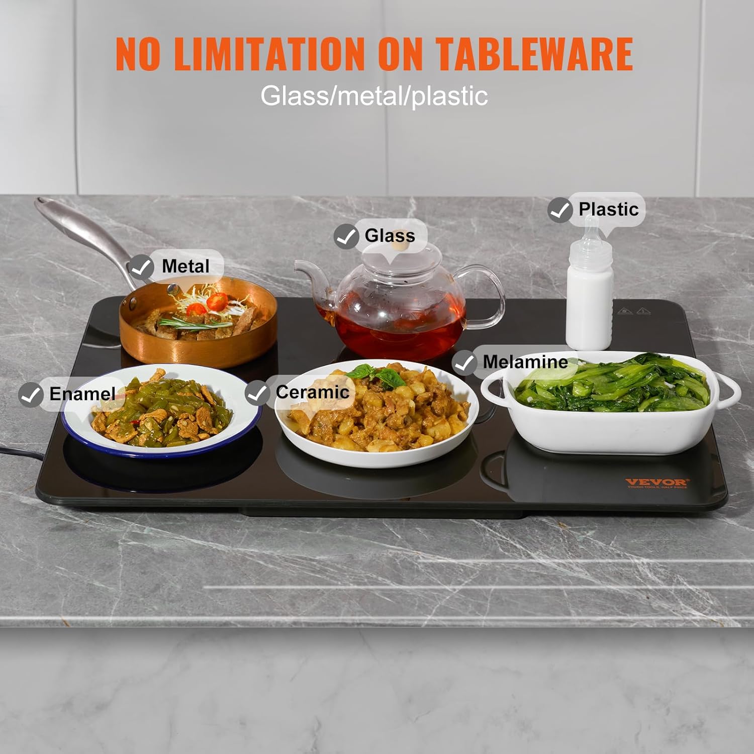 VEVOR Electric Warming Tray, Food Warming Trays for Buffet, Fast Heating Warming Trays, Portable Tempered Glass Heating Tray, ETL, 23.6" x 16.5"