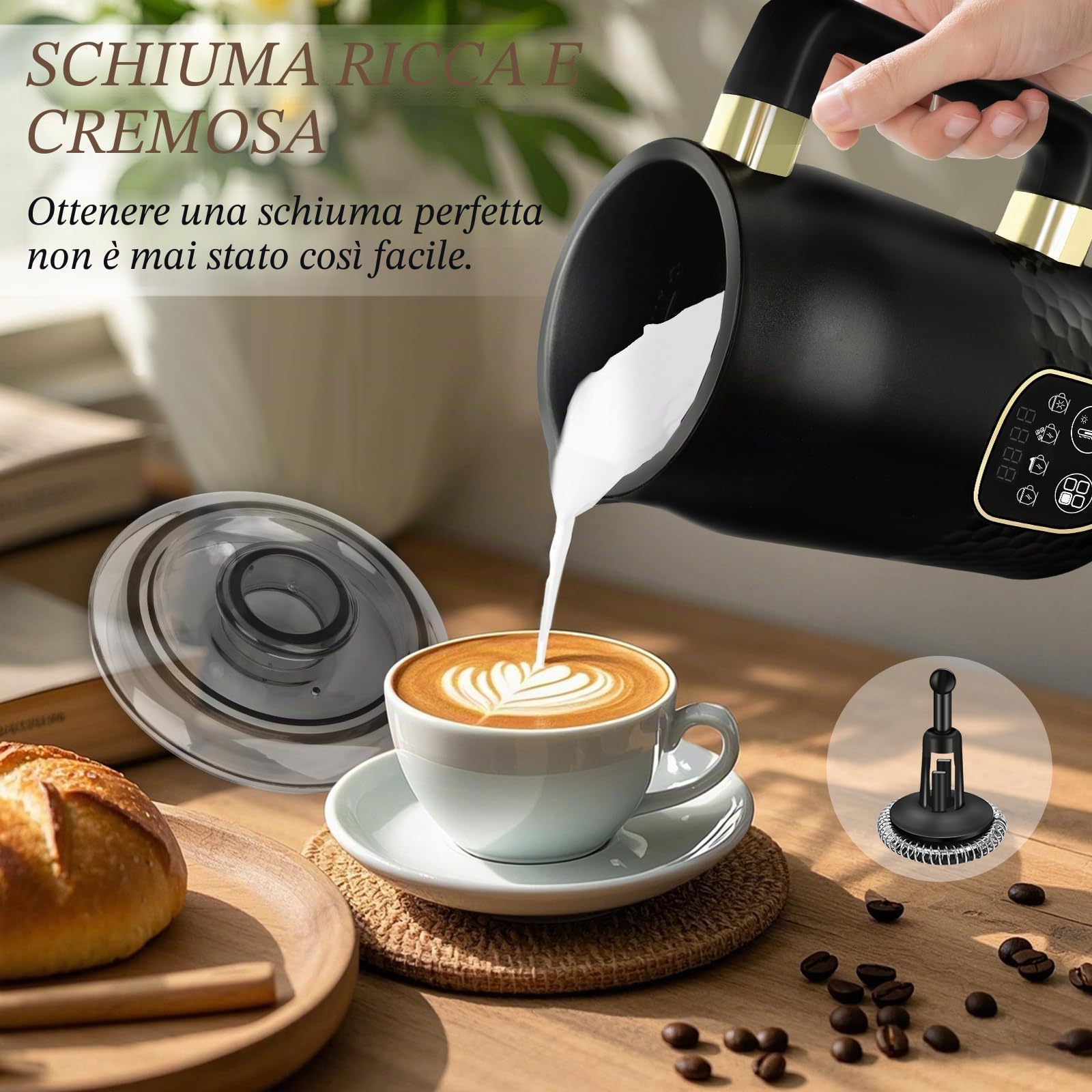 Montalatte elettrico 4 in 1 cioccolata calda con controllo temperatura, schiuma calda e fredda con 2 fruste per cappuccino, latte