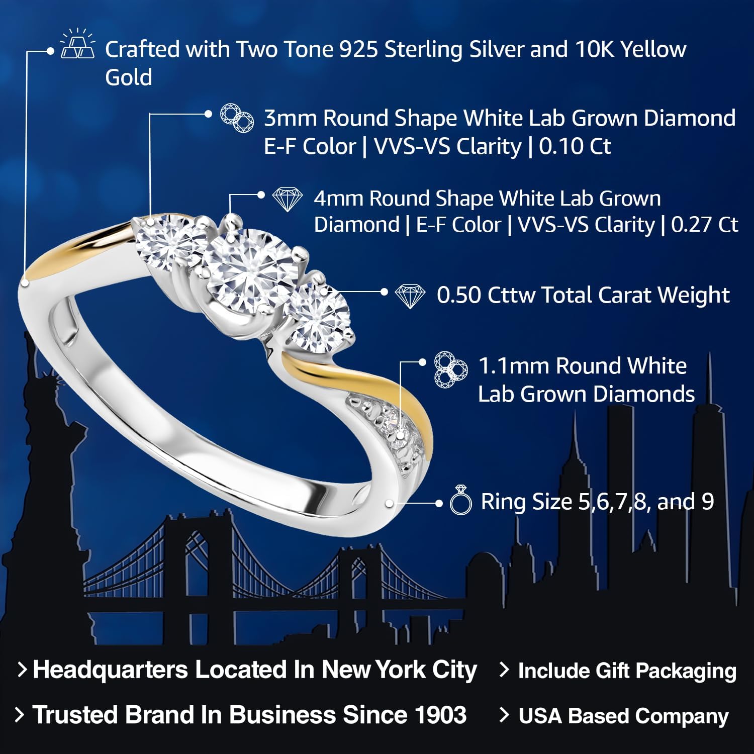 Gem Stone King 1/2 Cttw White Lab Grown Diamond 3-Stone Engagement Ring For Women | 925 Sterling Silver and 10K Yellow Gold | 3 Stone Wedding Anniversary Promise Ring For Women | Size 5-9 - Image 2