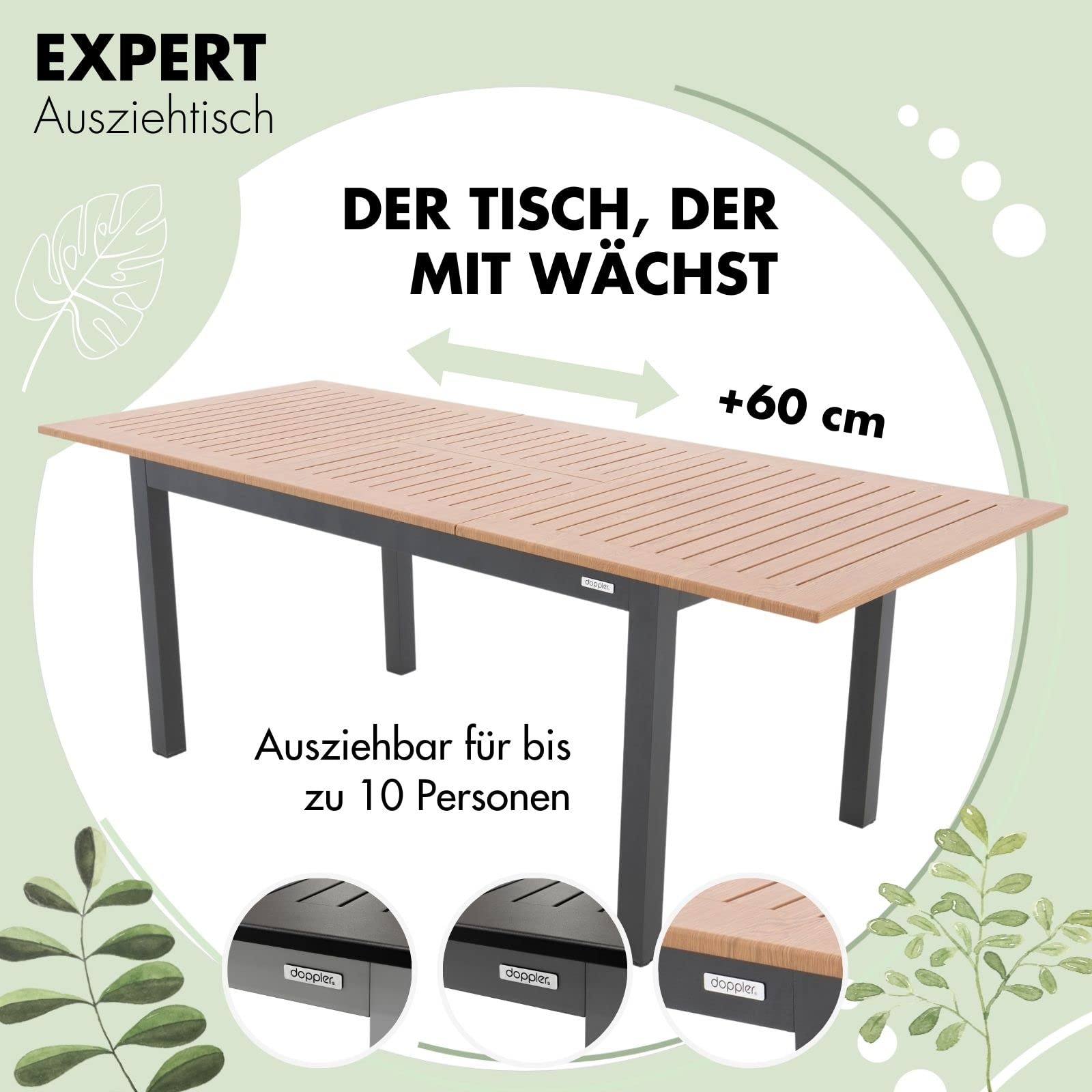 Doppler Ausziehtisch Expert Holzoptik Anthrazit 150/210x90 I Gartentisch ausziehbar I Gartenmöbel Aluminium I Terassenmöbel außen I Outdoortisch für Terrasse & Balkon I Wetterfest & robust