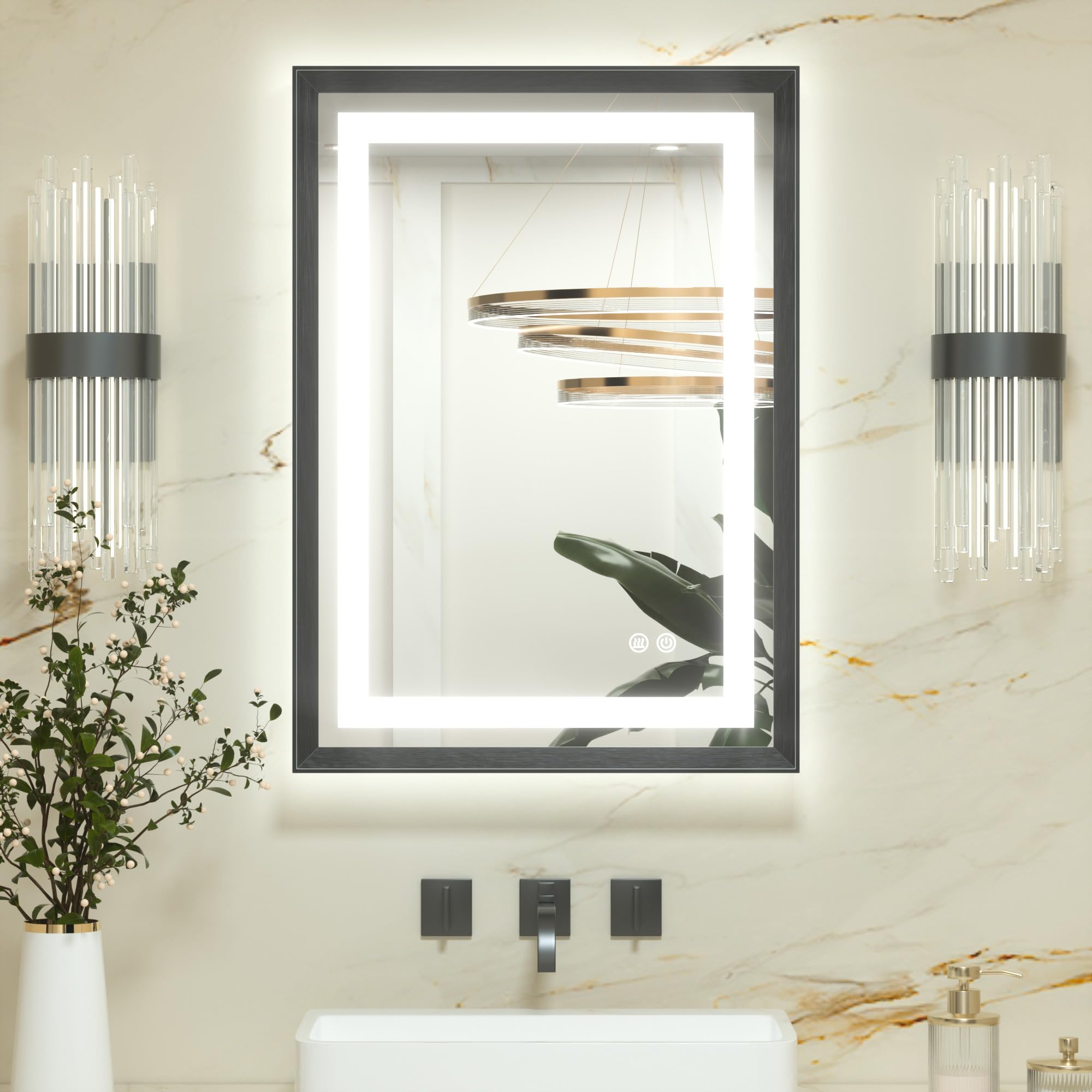 Keonjinn Badspiegel mit Beleuchtung Schwarz Metallrahmen 50x70cm, Badezimmerspiegel Beleuchtet Beschlagfrei Led Bad Spiegel mit Touch-Schalter, 3 Lichtfarben Dimmbar Speicherfunktion Wandspiegel