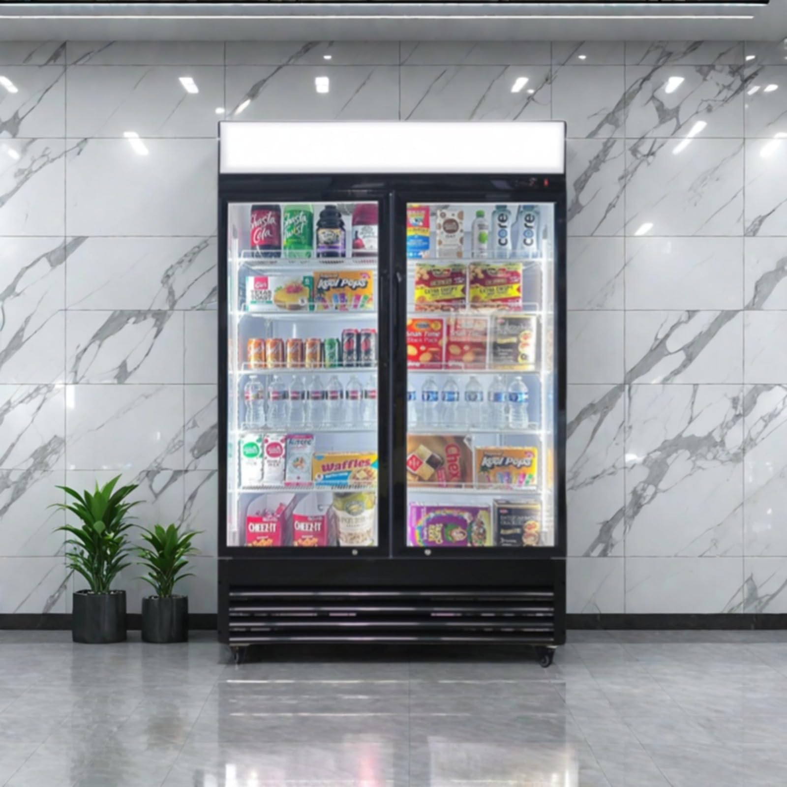 Fricool Merchandiser Refrigerator With 2 Glass Doors, 31 Cu Ft Beverage Display Cooler, Upright Fridge With LED Lighting, Adjustable Shelves For Beverages, Beer And Drinks, Swing Door, Black on Fridge.com - View 2