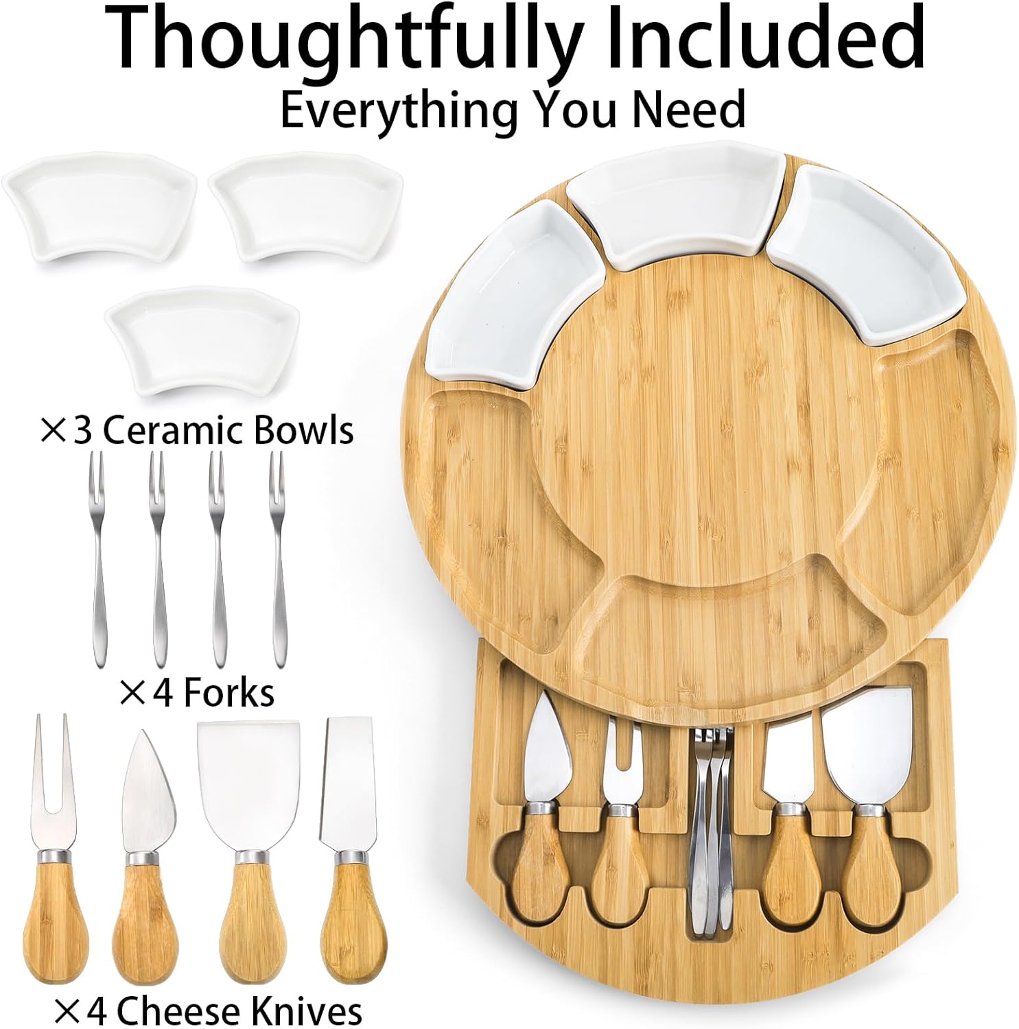 ZENFUN 13 Inch Bamboo Cheese Board and Knife Set, Round Charcuterie Boards with Bowls, Cheese Cutting Platter Serving Tray for Housewarming, Party, Picnic, 13” x 1.5” - Image 3