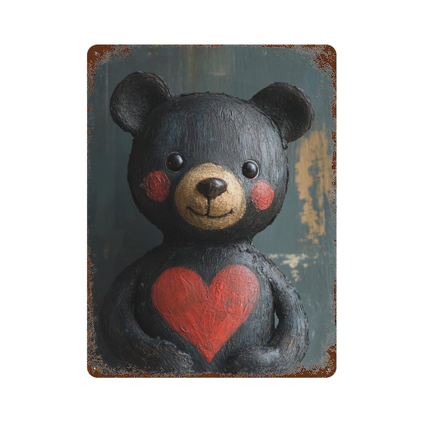 Garage Style Black Teddy Bear with Heart Vintage Metal Tin Sign 15.7"x11.8", Classic Wall Plaque for Bar And Workshop