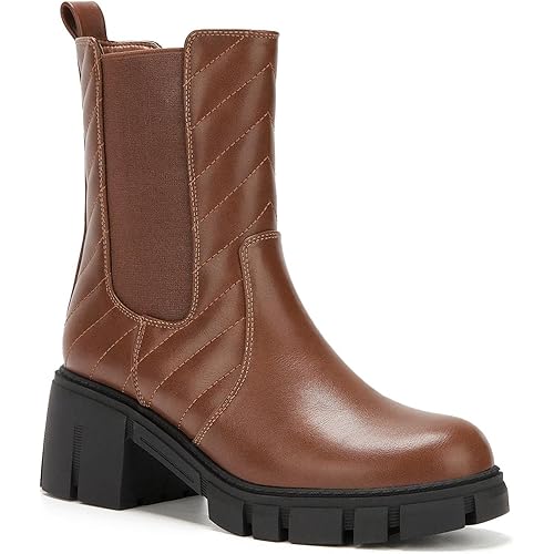 TINSTREE Women's Lug Sole Platform Boots Mid Calf Elastic Chunky Block Heel Leather Chelsea Booties