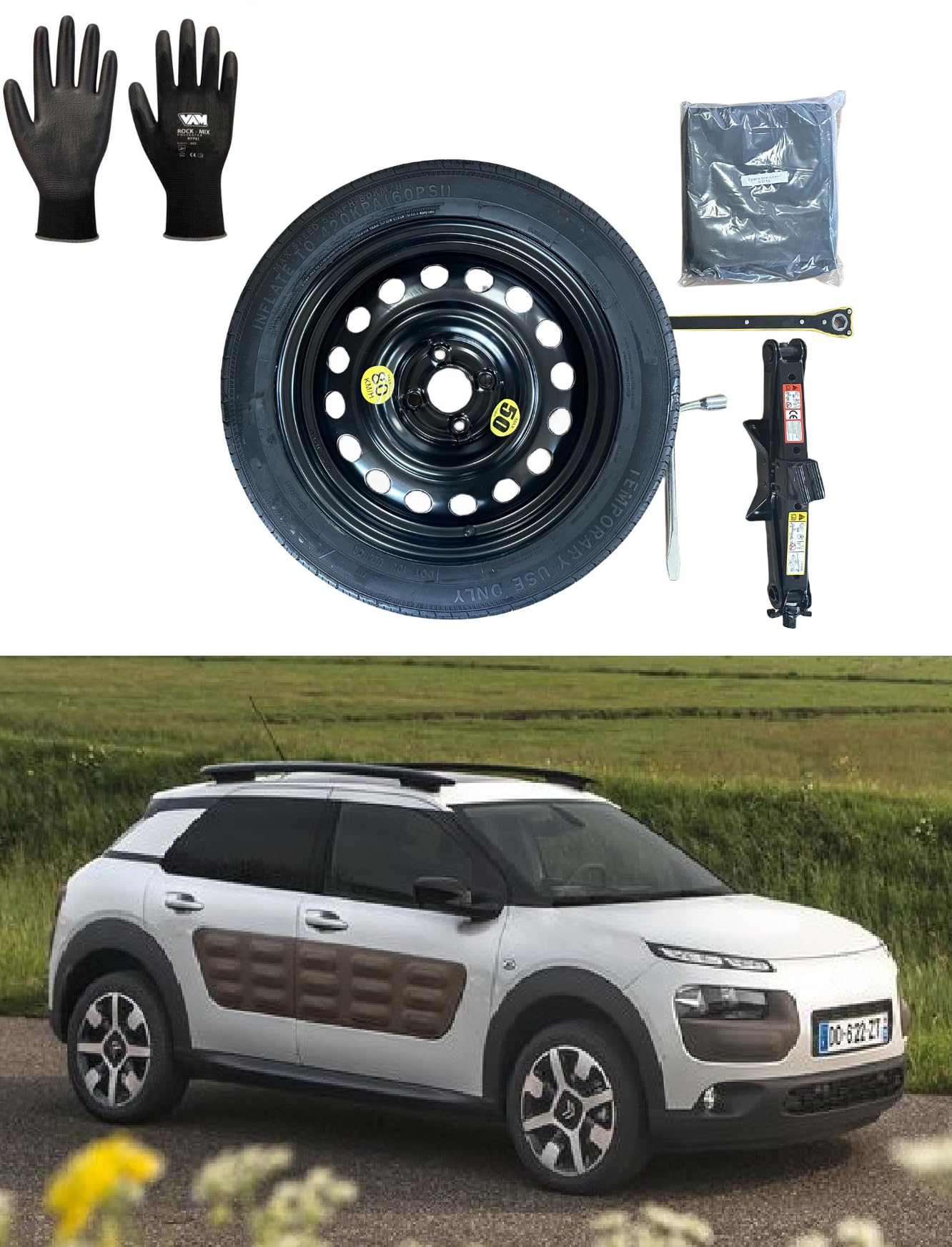 Kit rueda de repuesto de 16" 125/80R16 compatible con Citroën C4 Cactus (2014 >) con gata, llave y funda