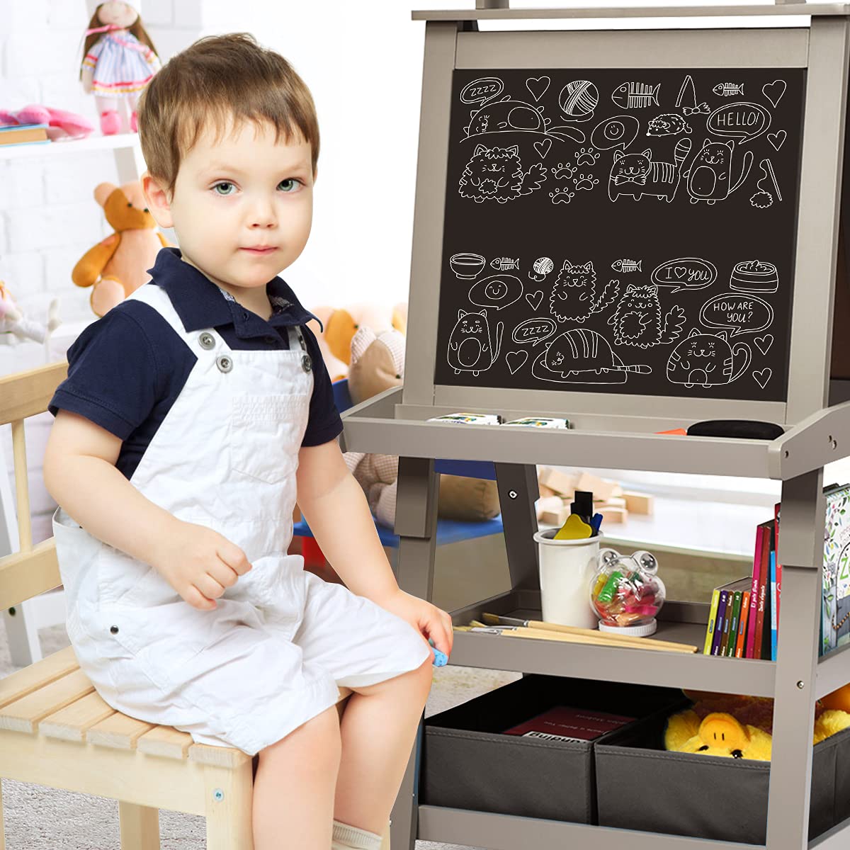 COSTWAY 3 in 1 Kinder Staffelei, Kindertafel doppelseitig, Whiteboard & Kreidetafel & Zeichenpapier, Standtafel inkl. Magneten, 2 Regalebenen Holztafel mit 2 Aufbewahrungsboxen (Grau)