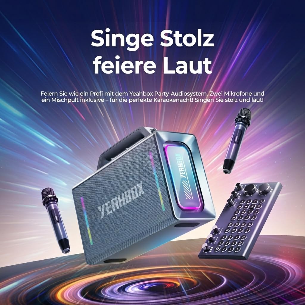 YEAHBOX Thunder 500 Party-Lautsprecher – 200W Max Leistung Bluetooth-PA-System mit Dual-Wireless-Mikrofonen, DSP-Soundkarte, LED-Beleuchtung & 10H Wiedergabedauer, tragbar für Outdoor, Zuhause und Ver