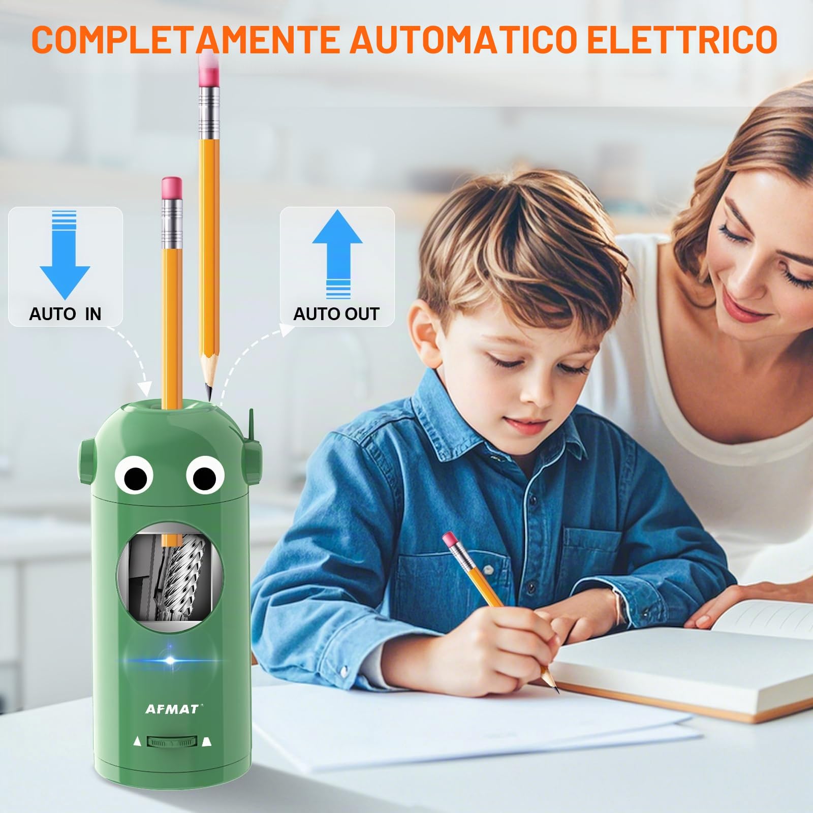AFMAT Temperamatite elettrico completamente automatico con contenitore, temperamatite elettrico per matite da 7 a 11,5 mm, portatile e sicuro, temperamatite ricaricabile per casa, ufficio, scuola