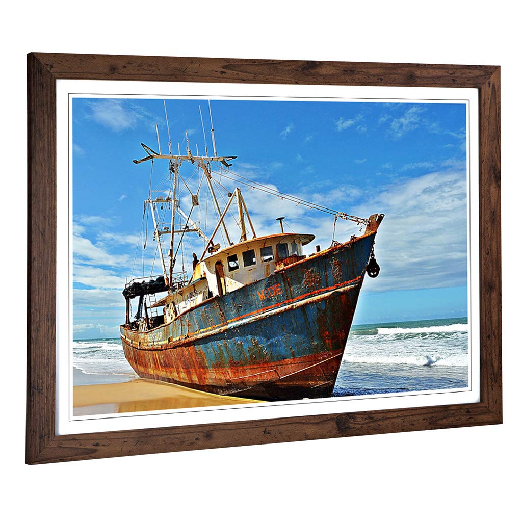 Big Box Art Framed Print of Stranded Boat Wreck on Beach (1) Design | Wall Art Picture | Home Decor for Kitchen, Living Room, Bedroom, Hallway, Walnut, A2 / 24.5x18 Inch / 62x45cm