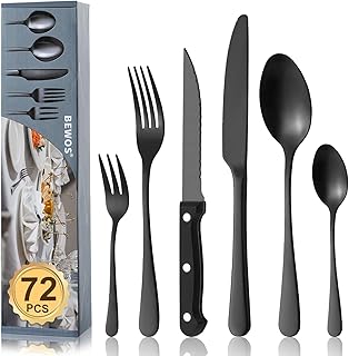 BEWOS 72-Piece Black Cutlery Set with Steak Knife Service for 12, Premium Stainless Steel Cutlery Sets for Home & Kitchen, High-Quality Knife, Spoon, Fork Cutlery Set, Highly Polished, Dishwasher Safe