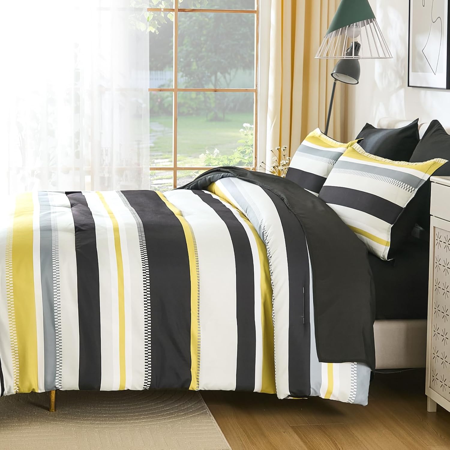 WONGS BEDDING Yellow Comforter King Size Set, 7 Pieces Bed in a Bag Yellow and Black Comforter Set, Soft Boho Striped Bedding Sets with Sheets, Pillowcases & Shams - Image 8