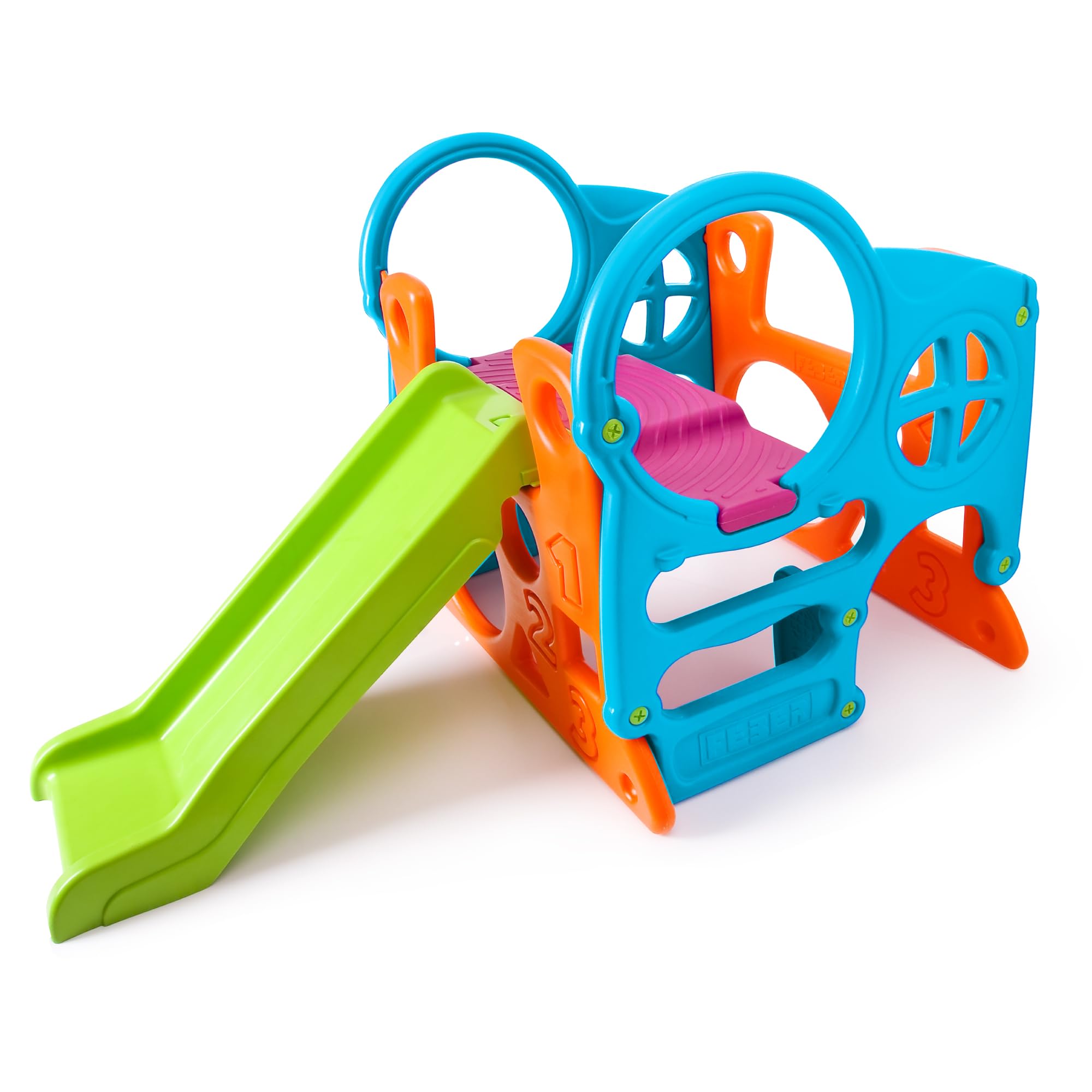 Feber - Centro attività con scivolo, colori resistenti alla luce del sole e alla temperatura, robusto e facile da costruire, peso 13 kg, per bambini dai 2 anni in su, Famosa (FEU18000)