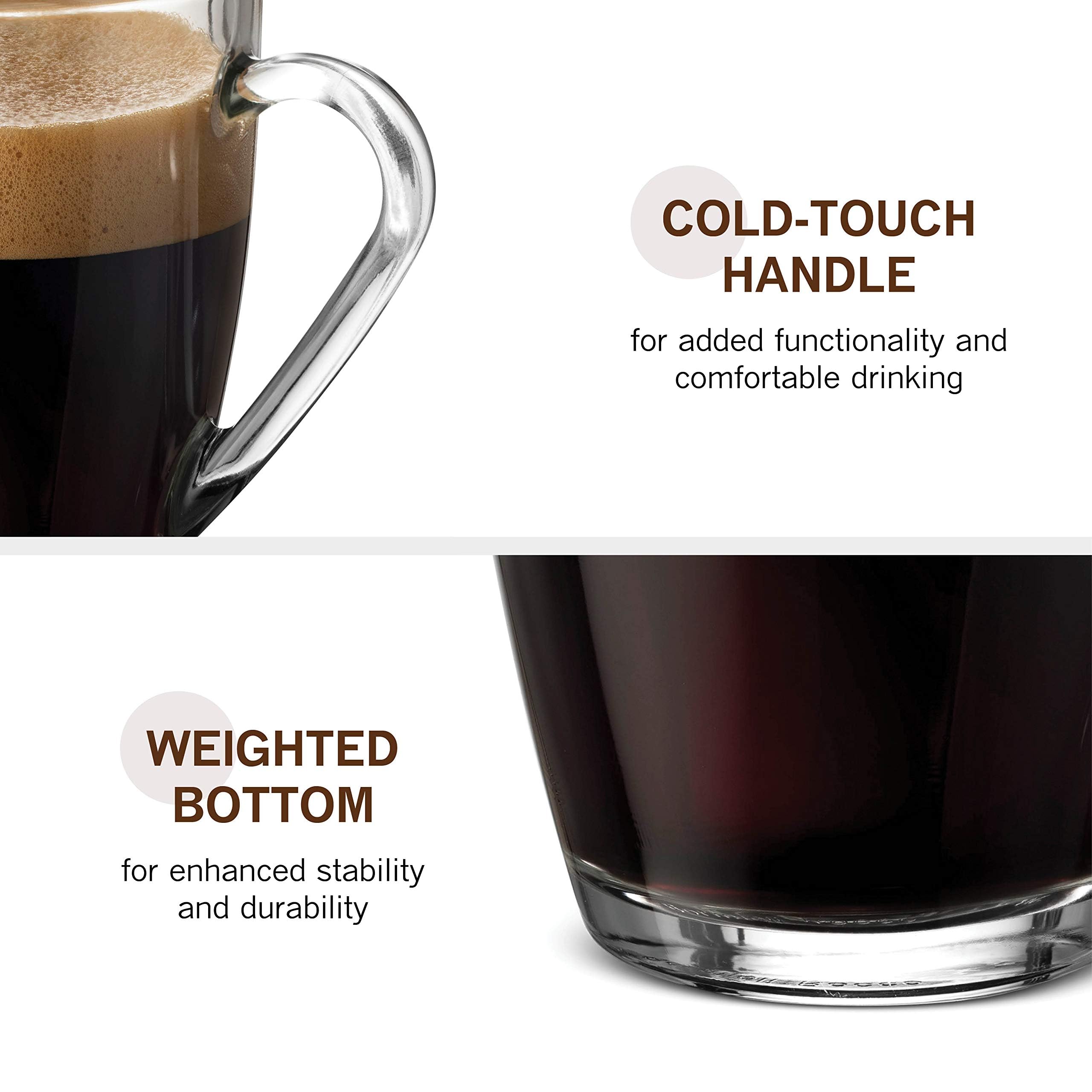 Bormioli Rocco Lot de 6 tasses à café en verre trempé de 37 ml avec poignée pratique, verres à thé pour boissons chaudes/froides, résistants aux chocs thermiques, en verre trempé, pour cappuccino