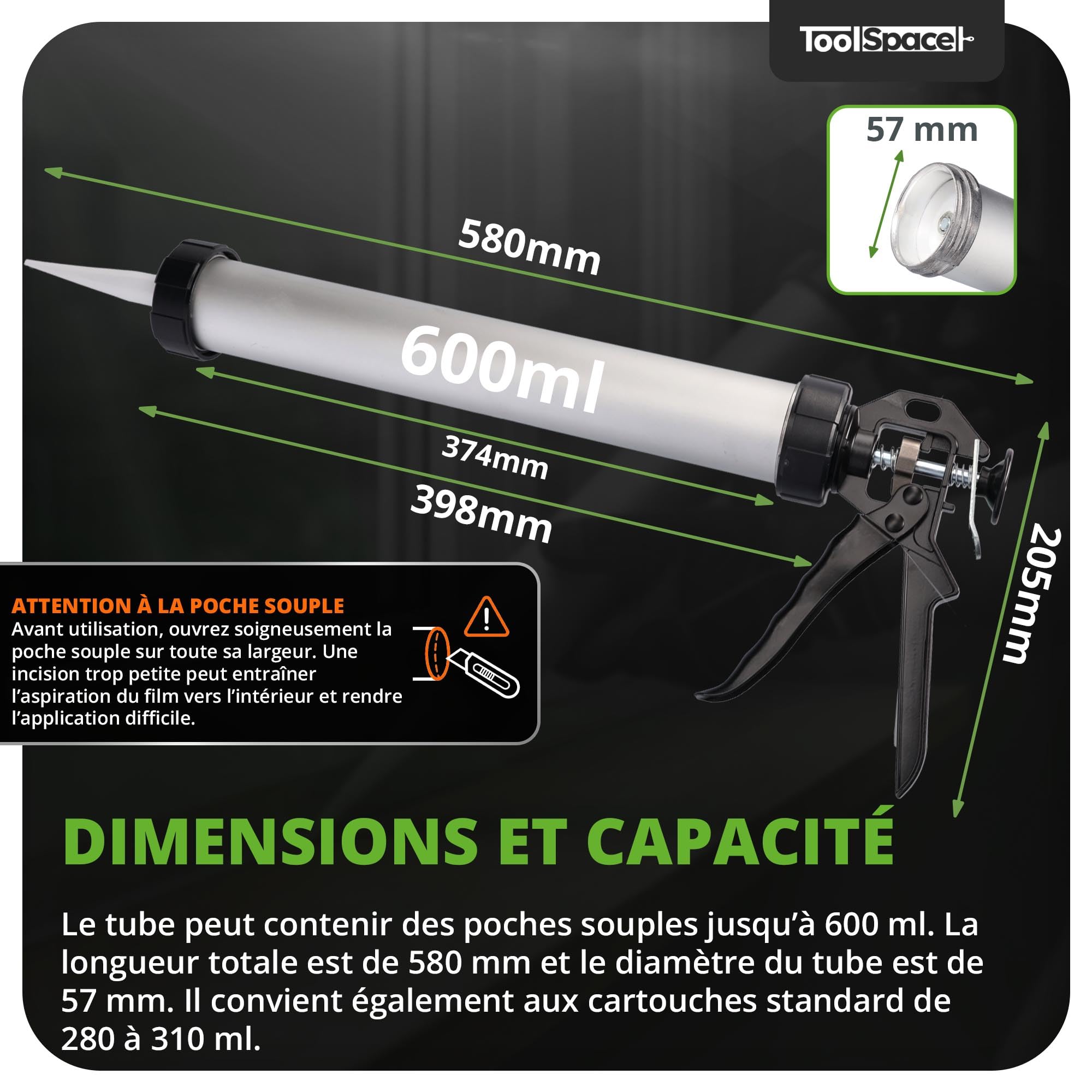 ToolSpace Pistolet à Cartouche Presse à Mastic Extrudeuse Silicone Applicateur Usage Intensif pour Colles Mastics Joints Mortiers Résines Antirouille Ergonomique - 600 ml en Aluminium