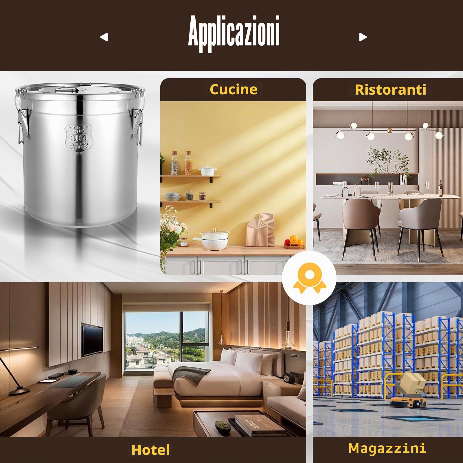 MINRS Secchio con coperchio, contenitore ermetico per alimenti, in acciaio inox, da cucina, in acciaio inox, con coperchio e morsetto di bloccaggio (33 L)