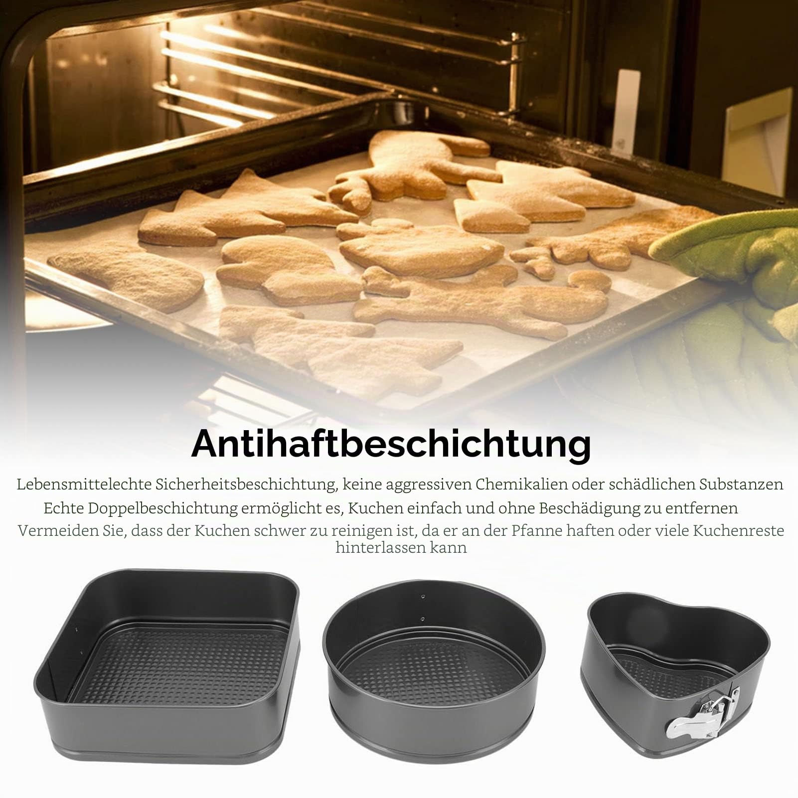 3 teiliges Kuchen Backgeschirr Set, Doppelschichtiges Springform Set, Karbonstahl, Runde Herzform, Quadratisch, Einfach zu Lösende Form, Antihaftbeschichtung, für Die Küche(24/26/28)
