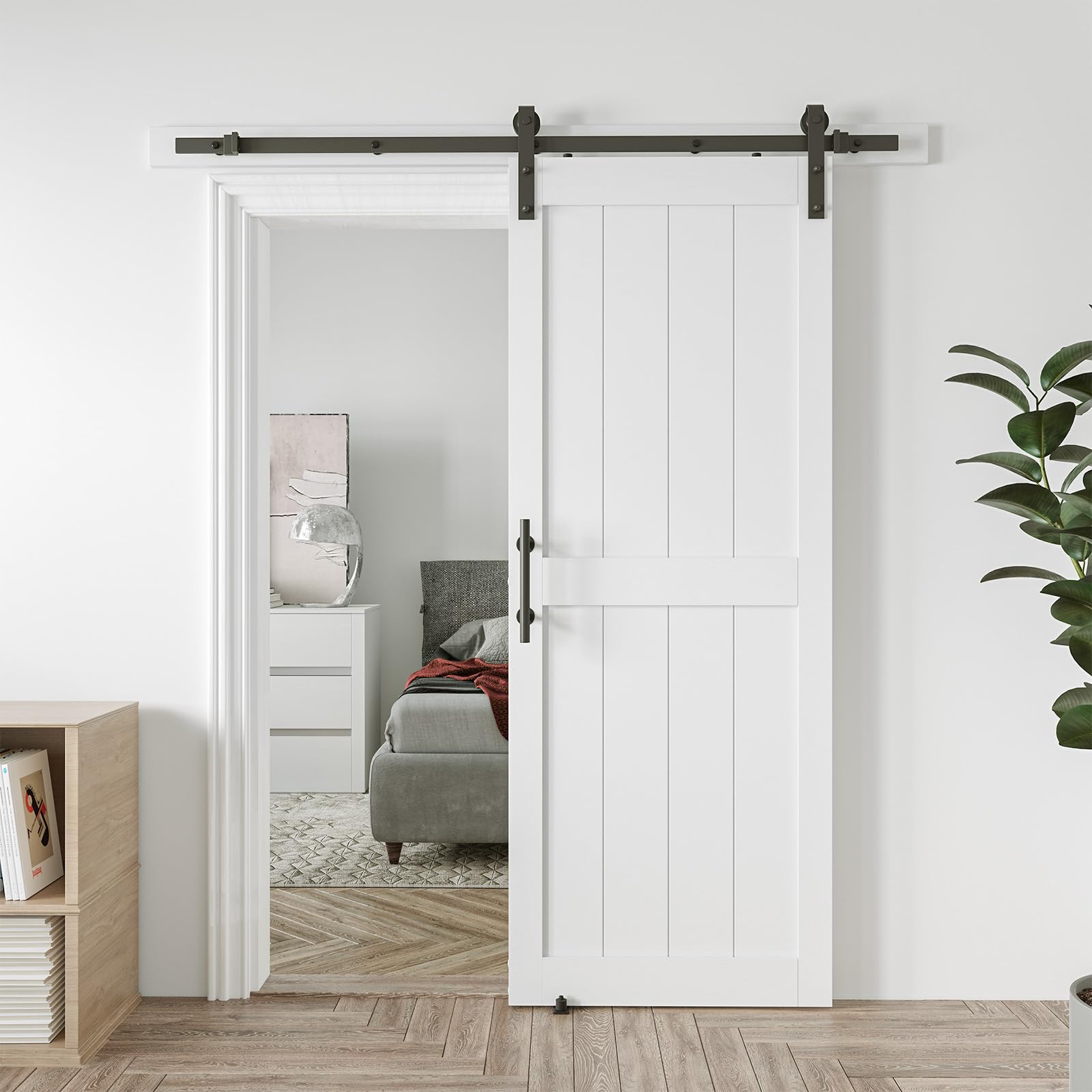 32in x 96in sliding barn door with 6ft barn door hardware kit & handle, pre-drilled holes easy assembly -solid barn door slab covered with water-proof pvc surface, white