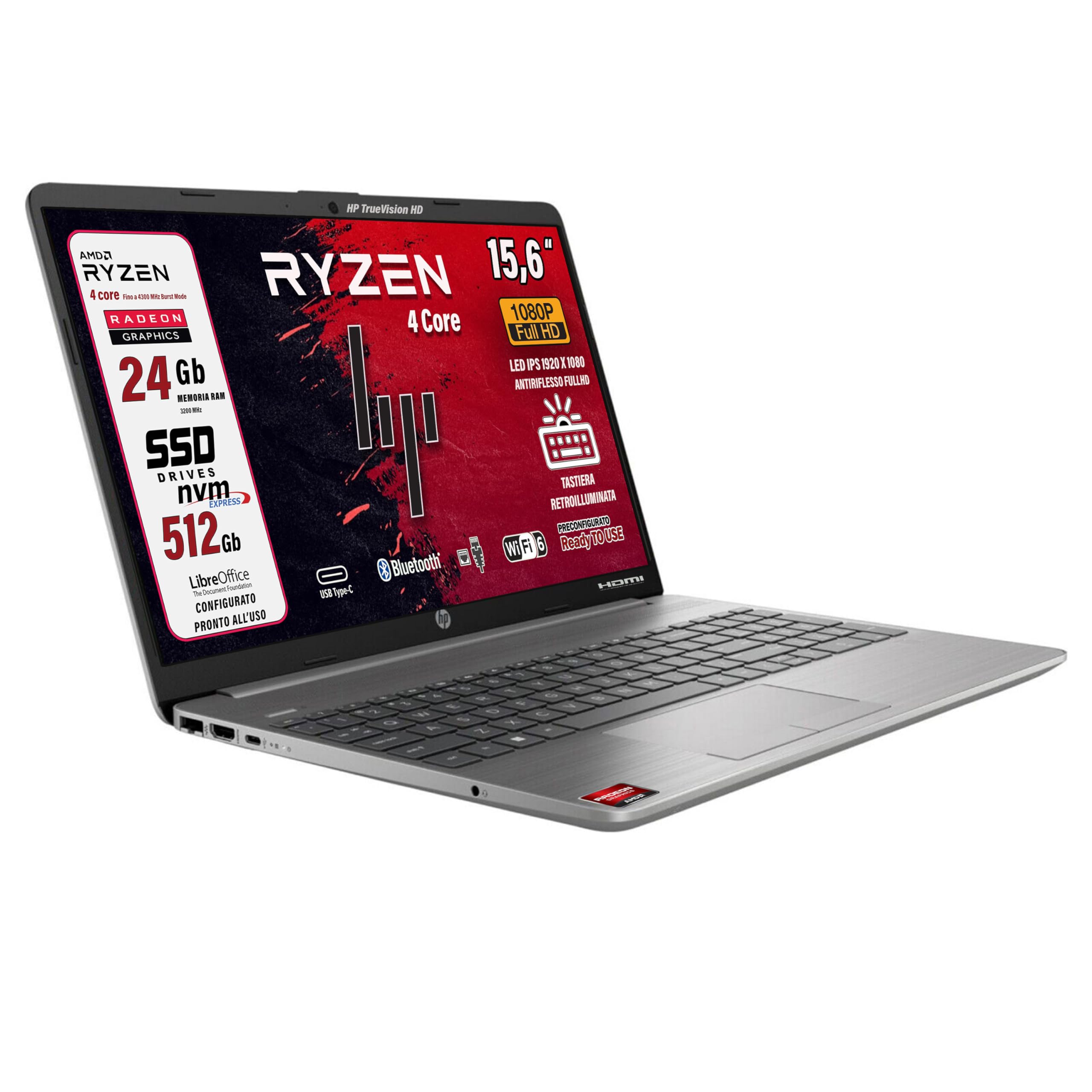 HP 255 G9 notebook portatile, 24 gb ddr4, SSD da 512 Gb display FHD 15.6", cpu Ryzen 3 5425 4 Core, Tastiera retroilluminata, Wi-fi 6, 3 usb, Win 11 Pro, libre office, pronto all'uso, garanzia italia