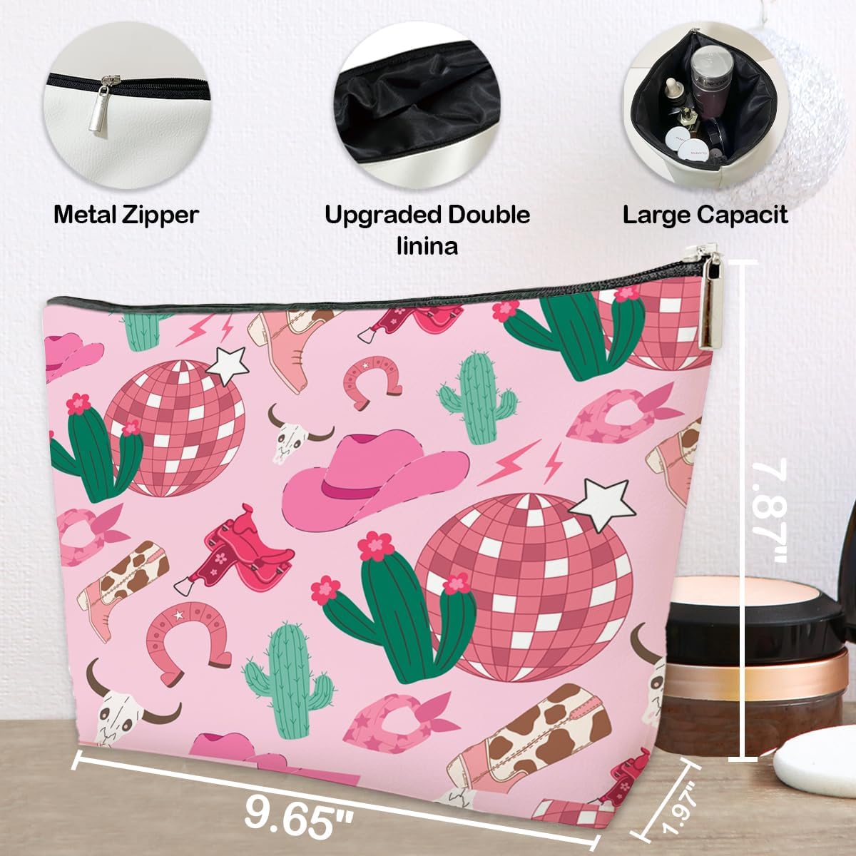 JioJio Chan Cowgirl Makeup Bag, Coquette Pink Disco PU Leather Makeup Cosmetic Bag for Purse, Western Gifts for Women, Western Cowgirl Stuff for Women, Country Girl Gifts Pouch - Image 3