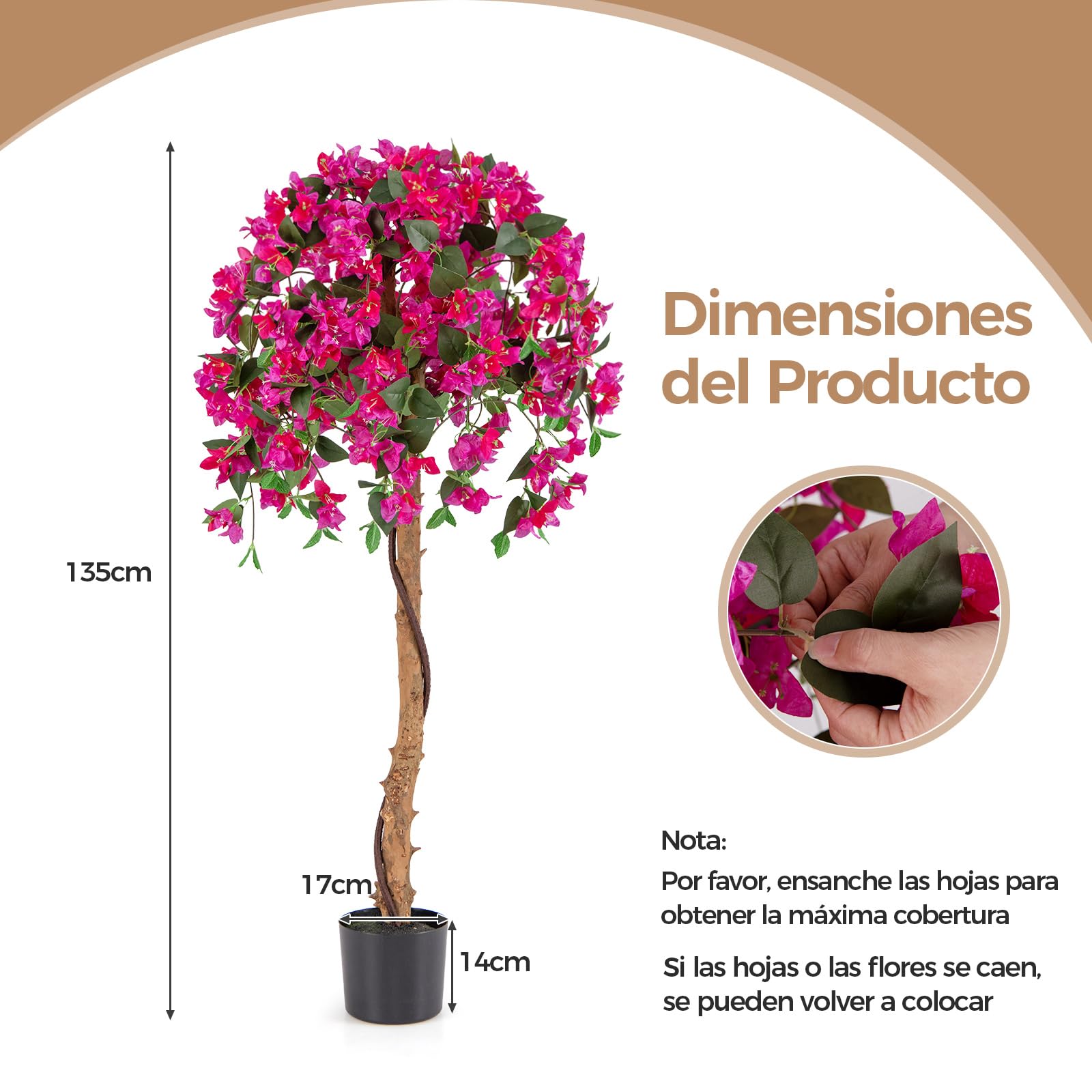 COSTWAY Árbol de Azalea Artificial de 135 cm, Planta Floral de Seda Falsa en Maceta con 576 Flores, 288 Hojas, Tronco de Madera, Césped Falso, Planta Decorativa Alta para Hogar, Oficina (2)