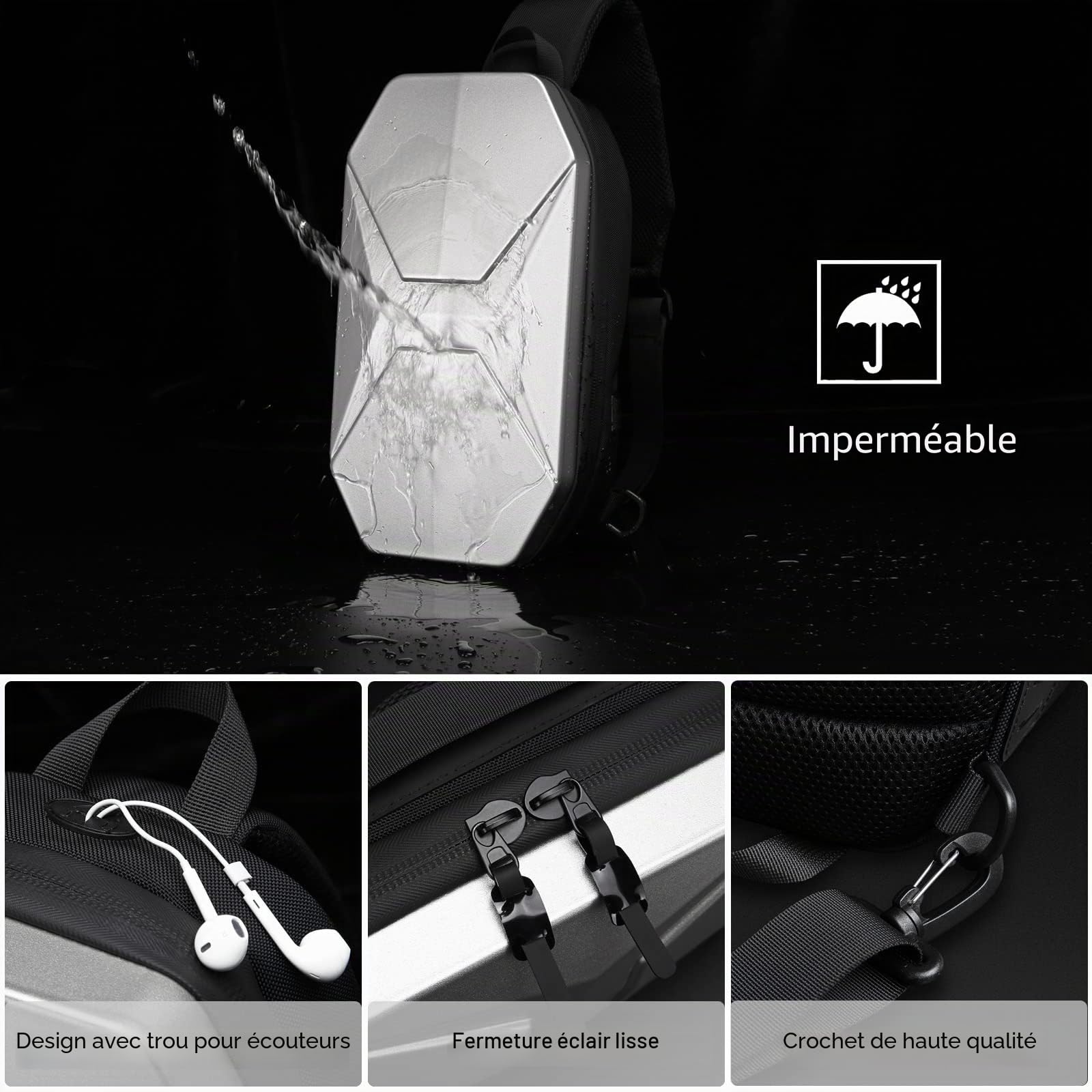 FANDARE Mode Sac de Poitrine Sac d'Epaule Sacoche de Ceinture Sling Crossbody Bag avec USB Homme Sac Bandoulière pour Voyage Randonnée Cyclisme Jogging Daypacks Étanche EVA