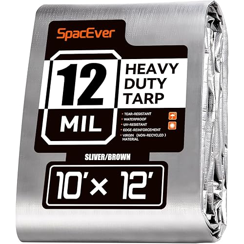 Tarp Heavy Duty 10x12 FT, 12 Mil Thick Large Tarps Water-Proof with Grommets, UV& Tear Resistant, Plastic Cover for Pool Roof Tent Outdoor Firewood, Silver& Brown