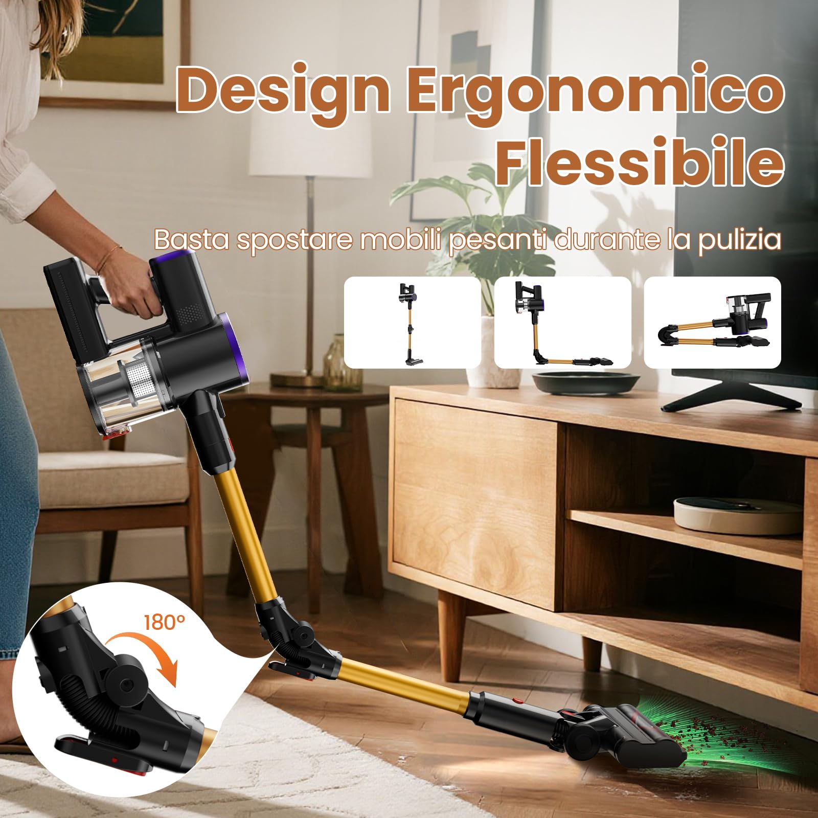 Zynet S9 Aspirapolvere Senza Fili, 45000Pa/500W/45Min Scopa Elettrica Senza Fili con Tubo Pieghevole e Supporto a Parete, Motore Brushless, per Peli di Animali Domestici, Tappeti e Pavimenti Duri