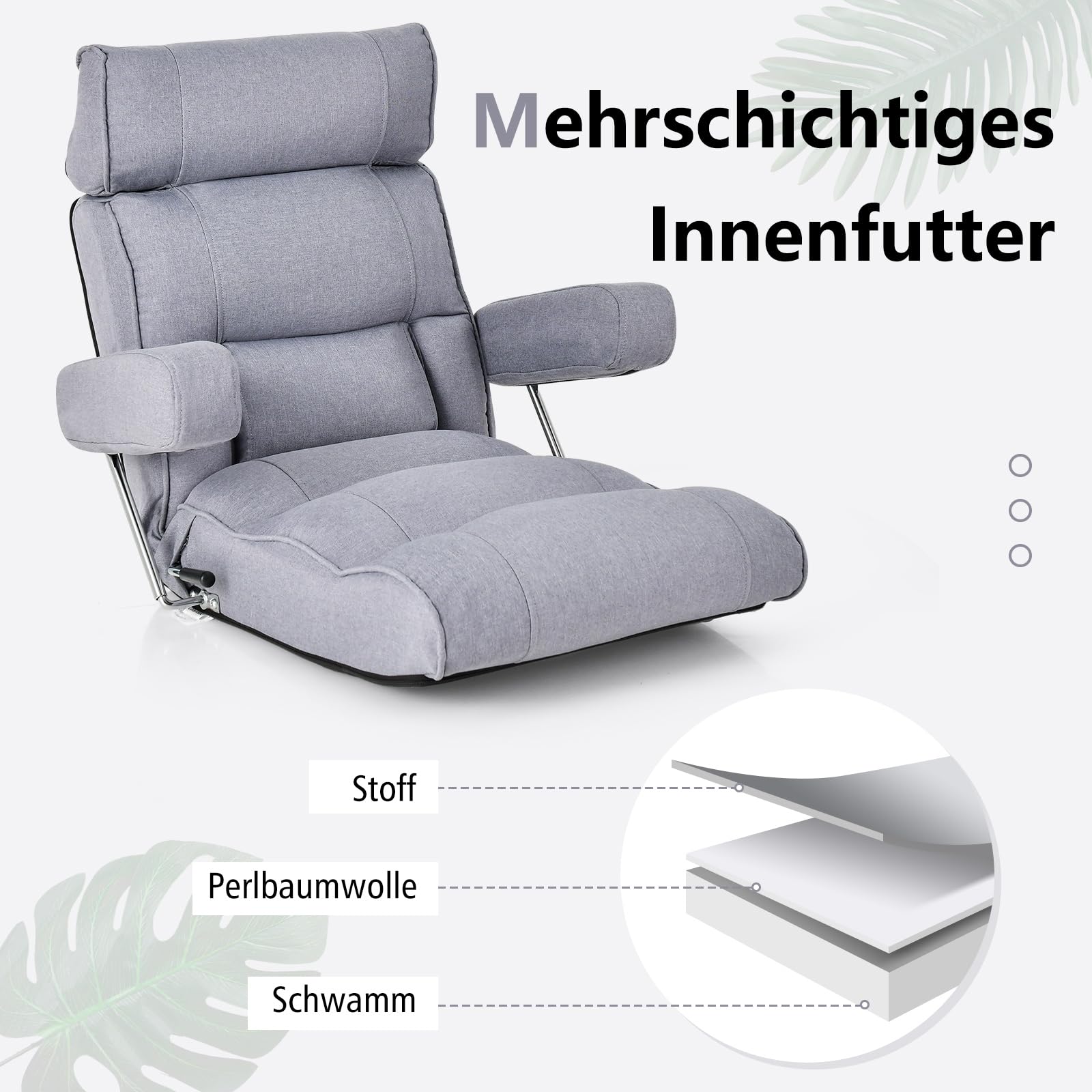 COSTWAY Bodenstuhl, klappbares Bondensofa mit Verstellbarer Rückenlehne, Kopfstütze, Lendenstütze, und hochklappbaren Armlehnen, Bodensessel, Relaxsessel zum Meditation, Lesen, Gaming (Grau)