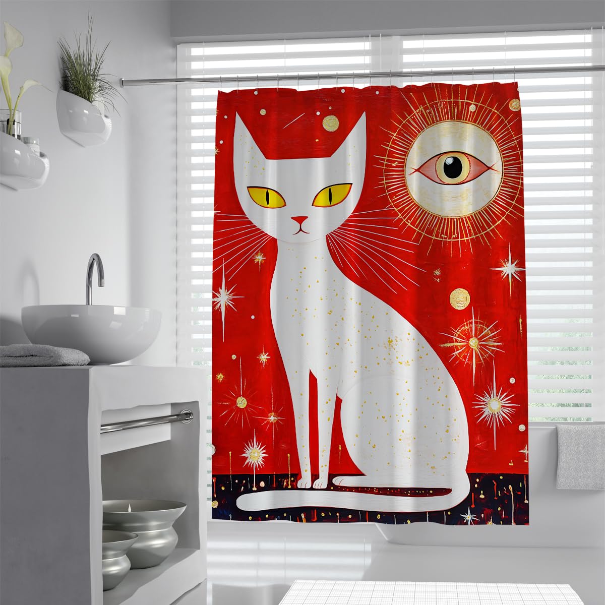 UIRINGART Cat Bath Curtains W180xL220cm Abstract Red White Mystic Eye Gold Stars Waterproof Quick Dry Easy Clean Fabric Shower Curtain Bathroom Decor with Hooks