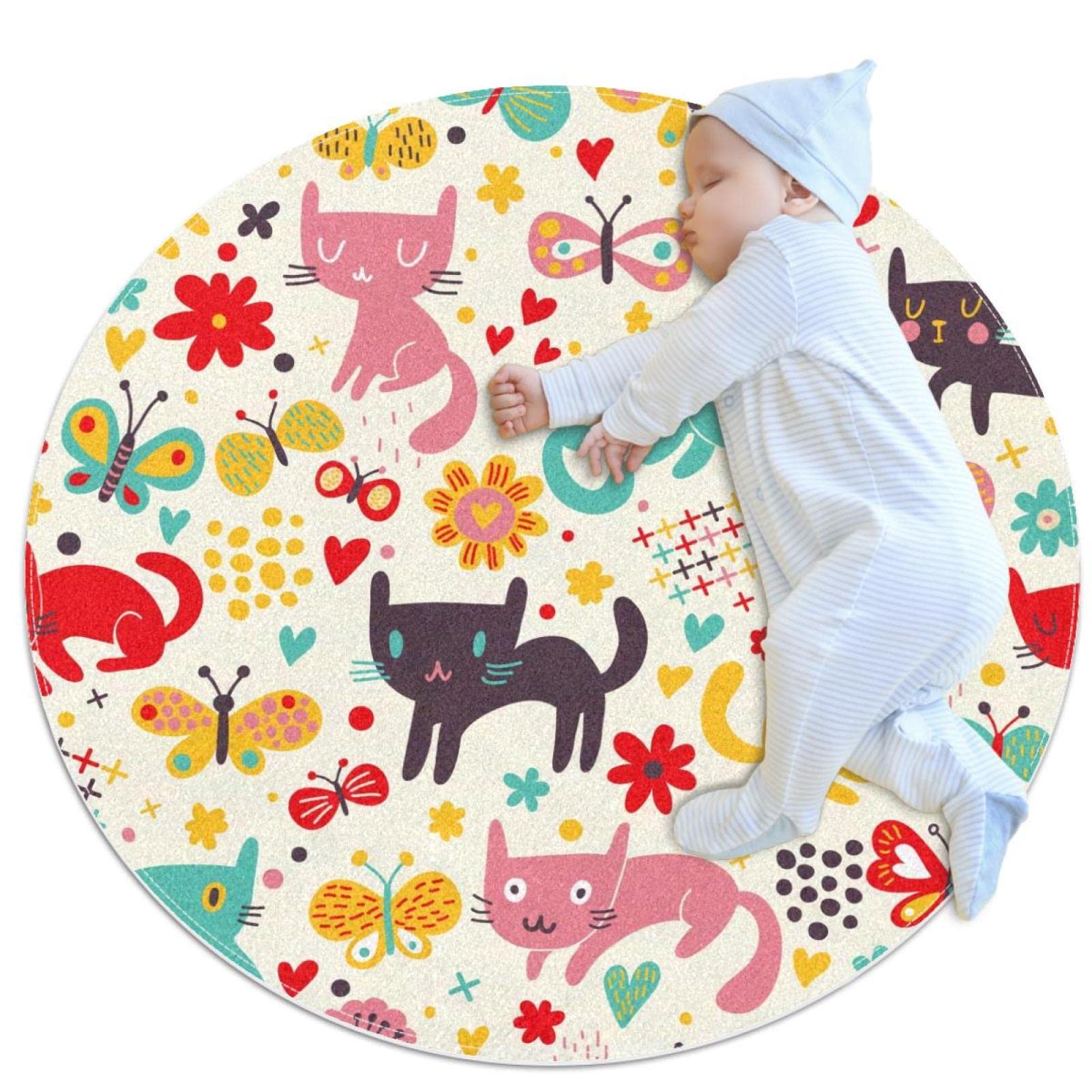 Tapis rond pour enfants JDEZ motif chats et papillons 80x80cm