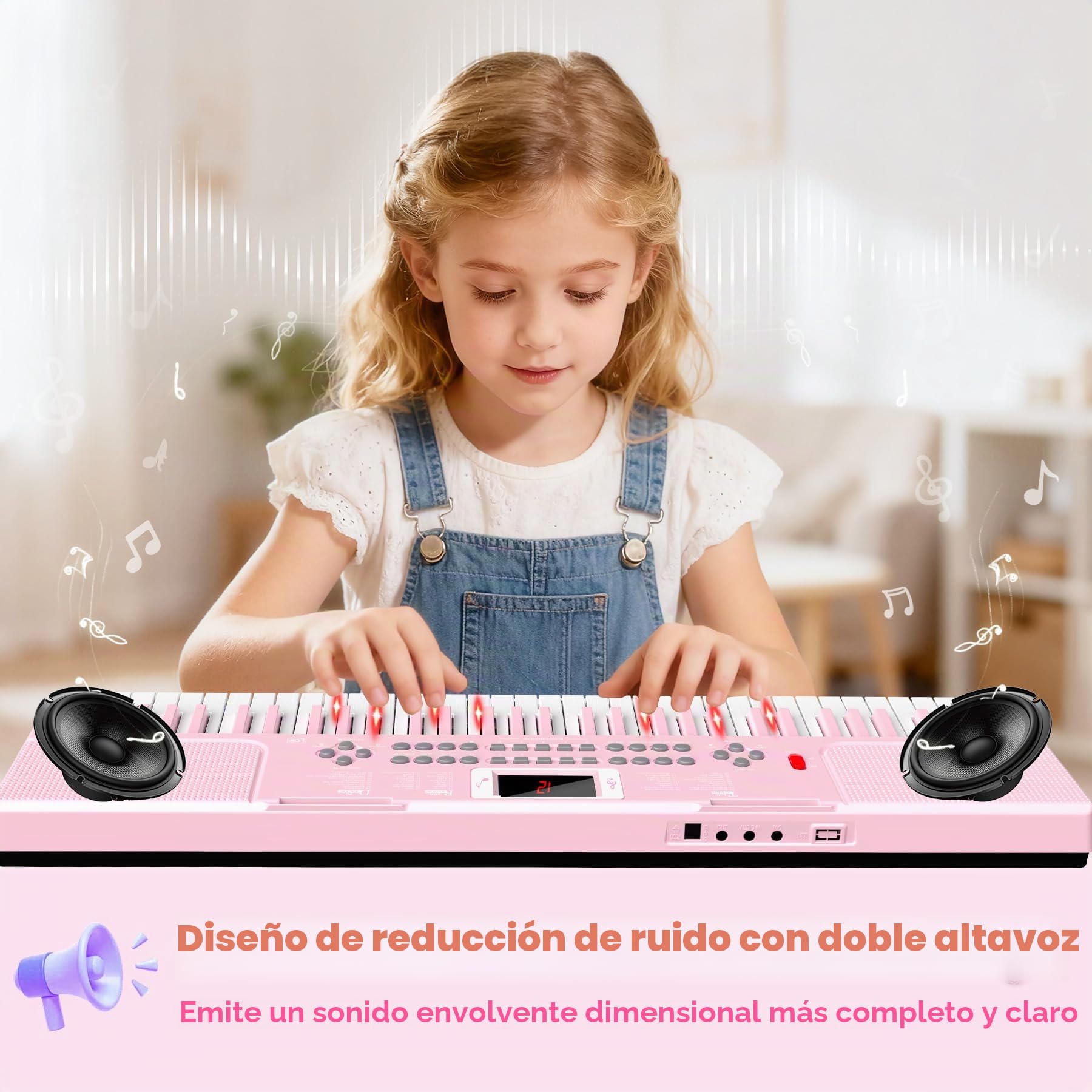 Piano Infantil Teclado con 61 Teclas Iluminadas, Digital Electrónico Niños | Organo Niños con Micrófono, Juguete Musical Educativo Regalo para Principiantes Niños y Niñas de 3 4 5 6 7 8 Años, Rosa