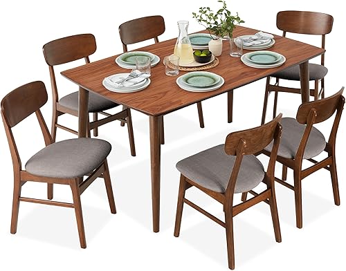 Best Choice Products Juego de mesa de comedor de madera de 7 piezas, moderno de mediados de siglo, mesa de cocina con 6 sillas, cojines tapizados,