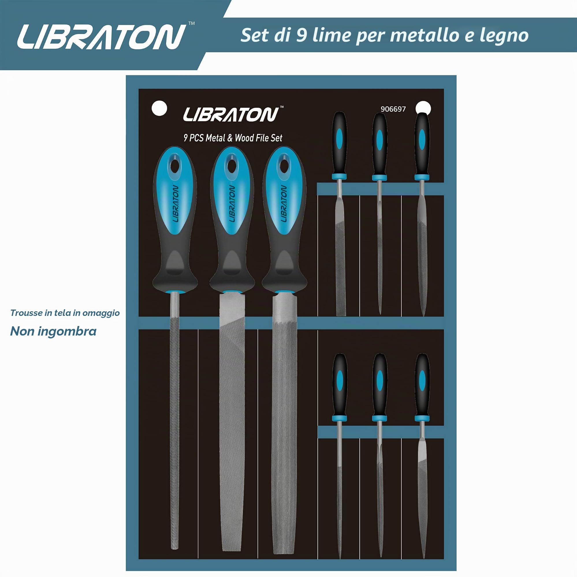 LIBRATON Set di Lime e Raspe per Legno 9 Pezzi, Set di File di Metallo | lnclude Piatta, Tonda, Semitonda e 6 lime ad ago, adatto per Legno, Metallo etc