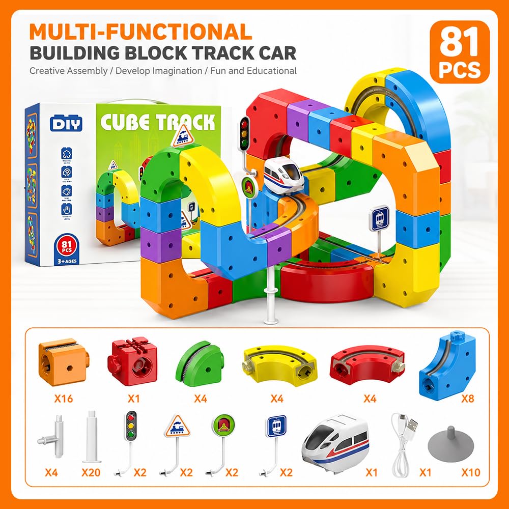 Tren Juguete, 81 Pezzi DIY Cube Track, Tren Magico de Cubos con Trenes Electricos, Pista Coches Flexible con Tracciati 3D Che Sfidano la Gravità, Blocchi Magnetici