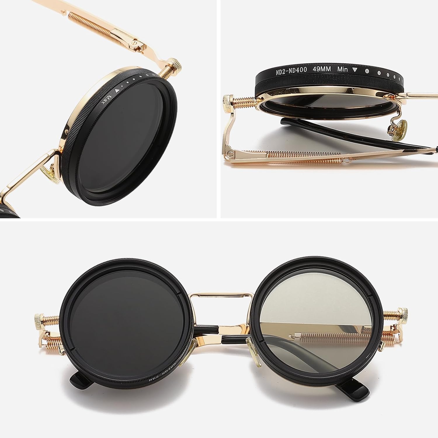 JOLLYNOVA Adjustable Tint Sunglasses, 1-9 Gears Nightshift Glasses Retro Round Polarized Dimming Glasses ND Filter Lenses