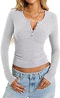 EasyGala Women's Cotton V-Neck Henley Long Sleeve Shirt Slim Fit - Soft Stretchy Y2K Going Out Top Fall 2025