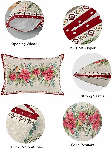Miniatura 5 de Paquete de 2 fundas de almohada decorativas de algodón, diseño de flor de pascua, baya y cardenal de Feliz Navidad, 12 x 20 pulgadas, rectangular,