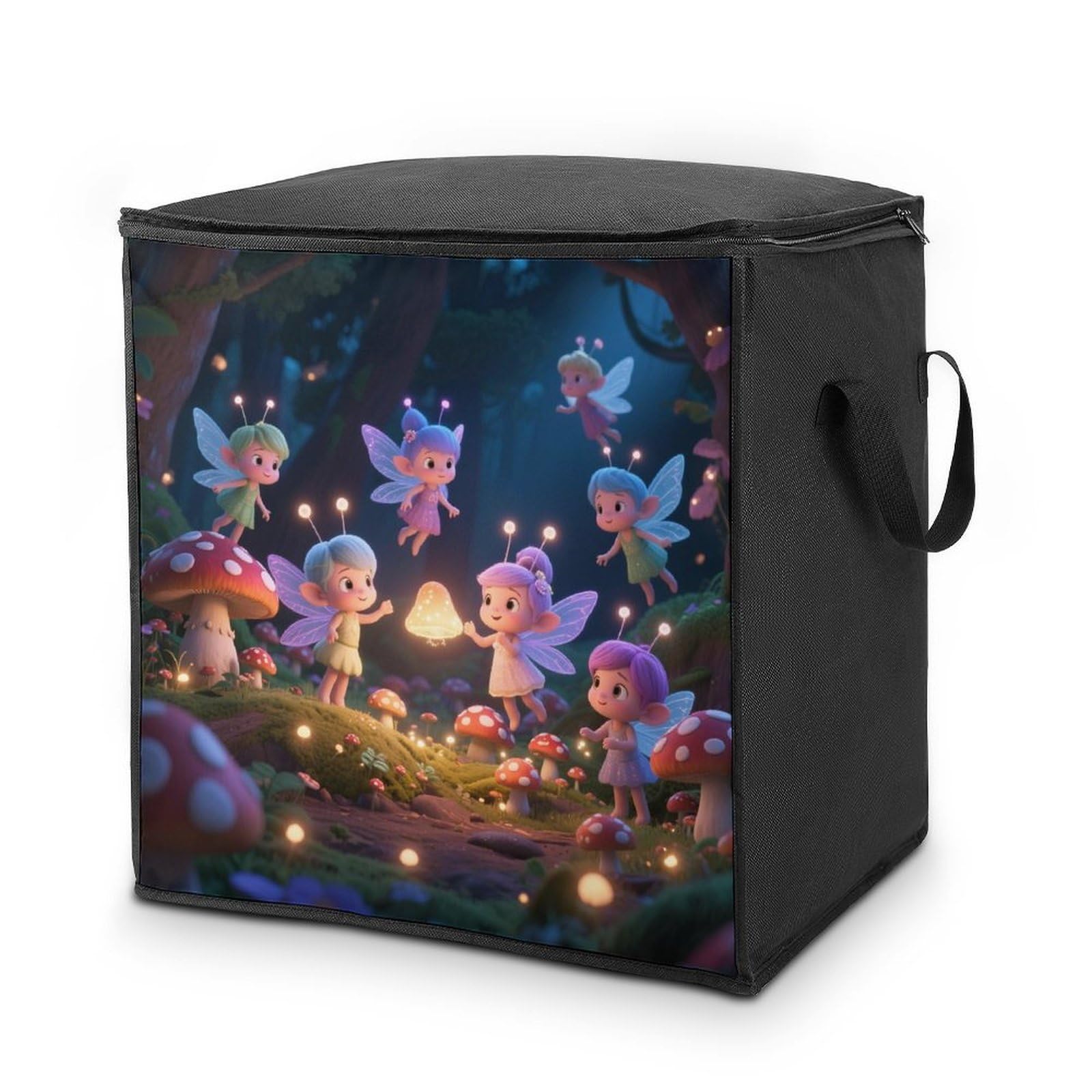 Fairies in Mushroom Forest Large Storage Bags with Zippered Storage Organizers Bag Clothes Storages Bins with Lids Foldable Storages Containers with Reinforced Handles for Blanket Bedding