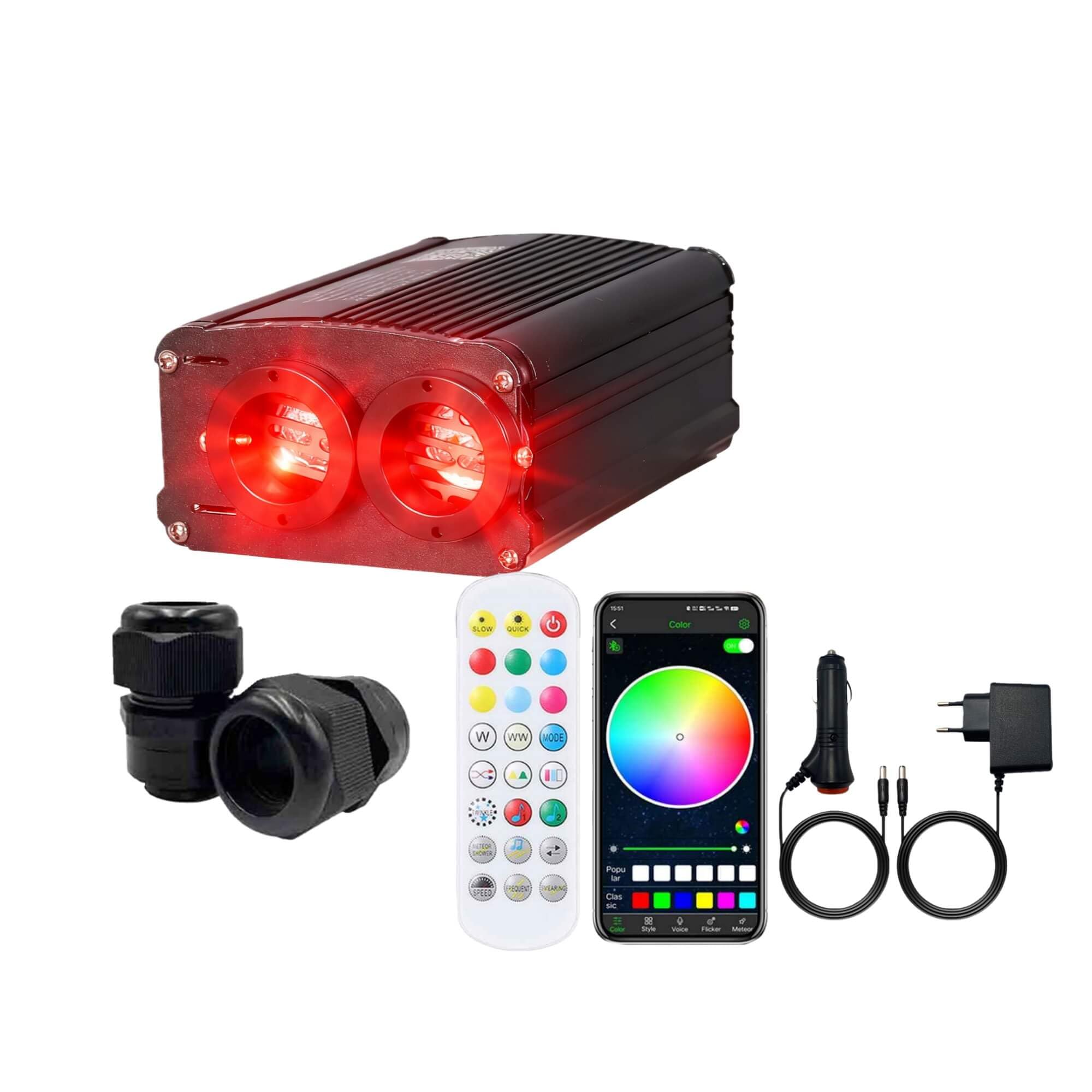 Twinkle RGBW LED Glasfaser Licht Treiber Dual Port mit RF Fernbedienung für alle Arten LED Glasfaserkabel,Bluetooth APP Gesteuerte Sternenhimmel Deckenleuchte Farbänderun(nur Fiber Optic Light Engine Beleuchtung