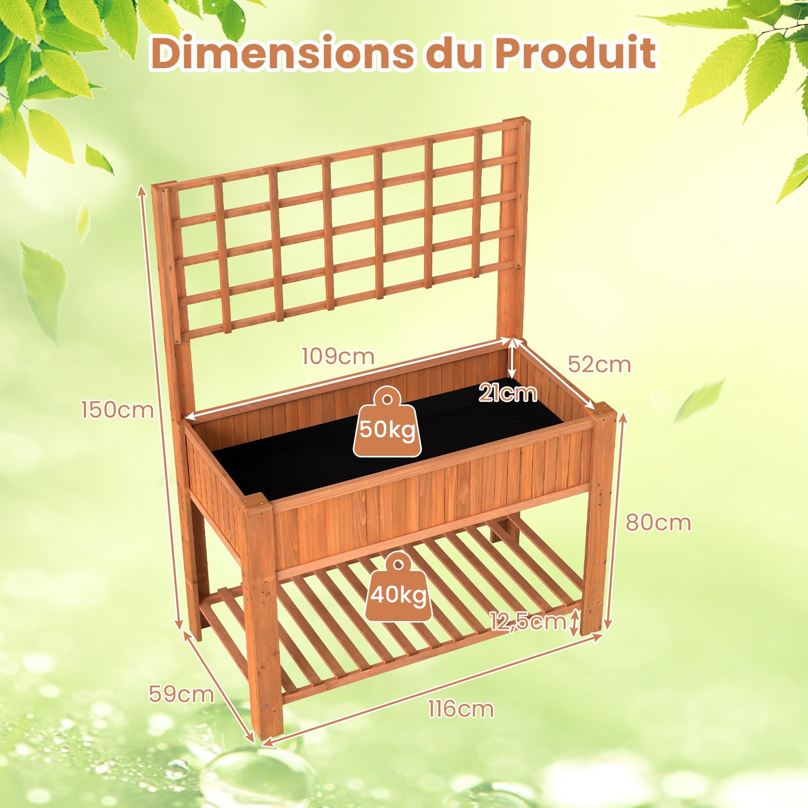 RELAX4LIFE Jardiniere sur Pieds avec Treillis, Jardiniere Treillis en Bois, Carre Potager sur Pied, Étagère Inférieure pour Outils, Trou de Drainage, Fond Amovible, pour FleursLégume Herbe (Marron)