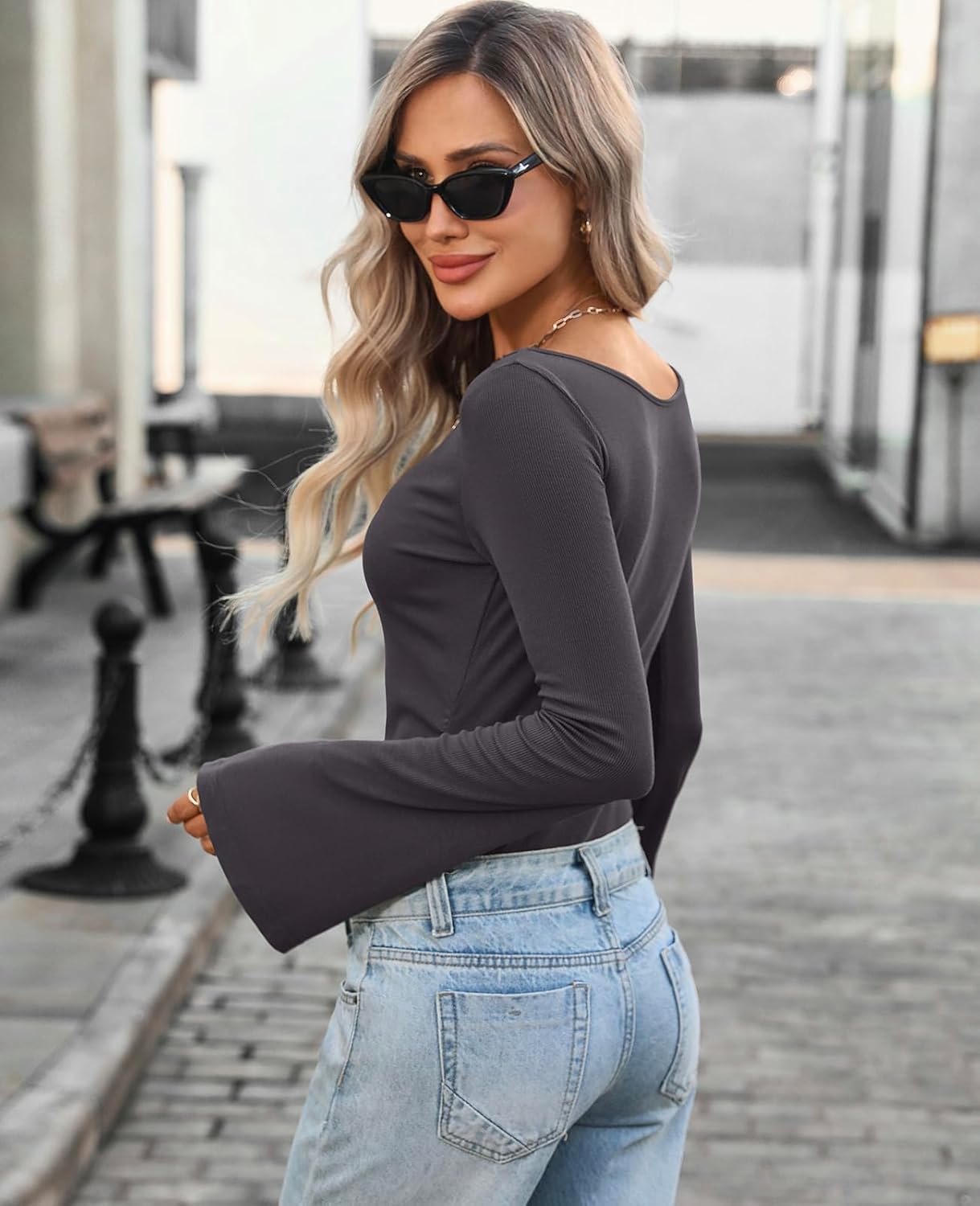 Women's Bell Long Sleeve Shirts 2026 Spring Boat Neck Crop Going Out Trendy Tops Ribbed Ruched Y2K Clothes - Image 4